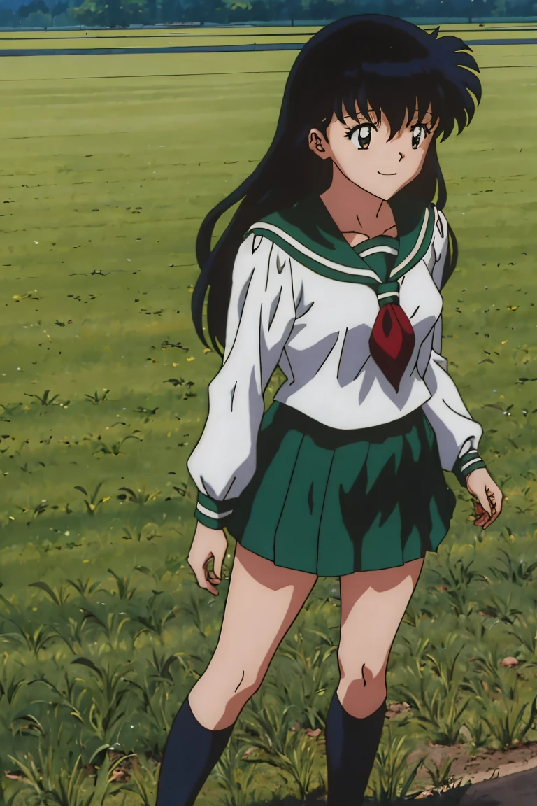 1girl, Best Quality, 巨作, HD, Kagome Higurashi, 1girl, school uniforms, Black hair between the eyes, long hair, Standing, Full body, young girl, Full body , ((anime)), ((Colored)), chest, smile