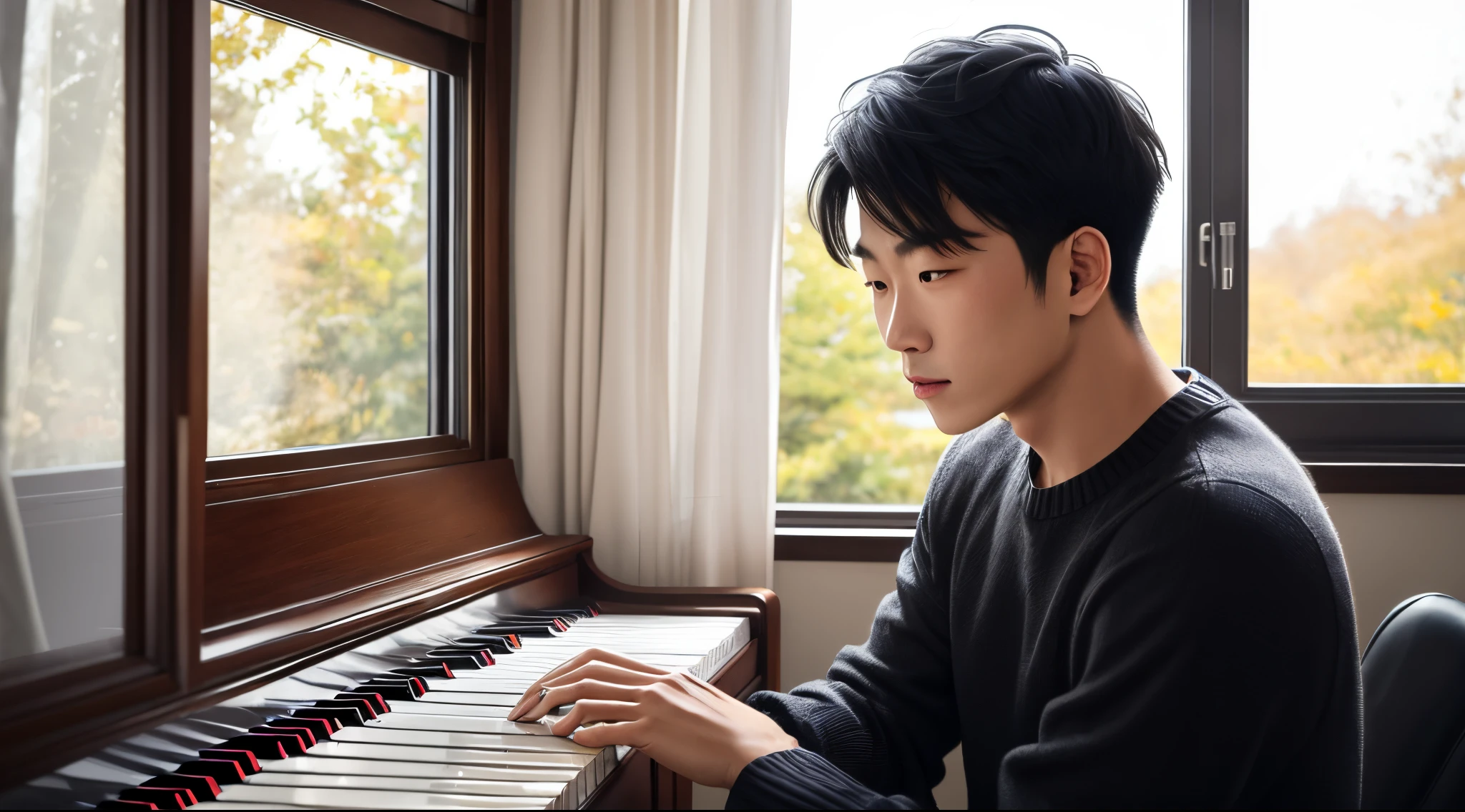 1.Asian face male wearing black sweater,hair slightly longer 2.Sit in your bedroom and play the piano facing the window,There is cold light coming in from outside the window 3.The man's face is slightly haggard,Like thinking about something 4.The overall picture has a cold tone,The proportion of characters in the overall picture should not exceed 60%
5.Men's orientation is three-quarters sideways or full sideways
