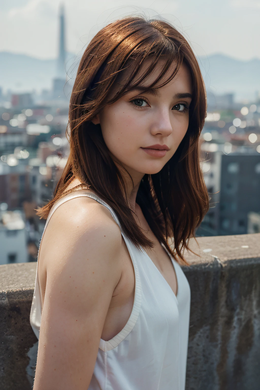 beautiful woman, auburn hair, white skin, snub nose, 23 years old, beautiful woman in the foreground, distant city in the background, beautiful woman looking at the camera, in front of a black background, blur, like a photo taken with a canon camera