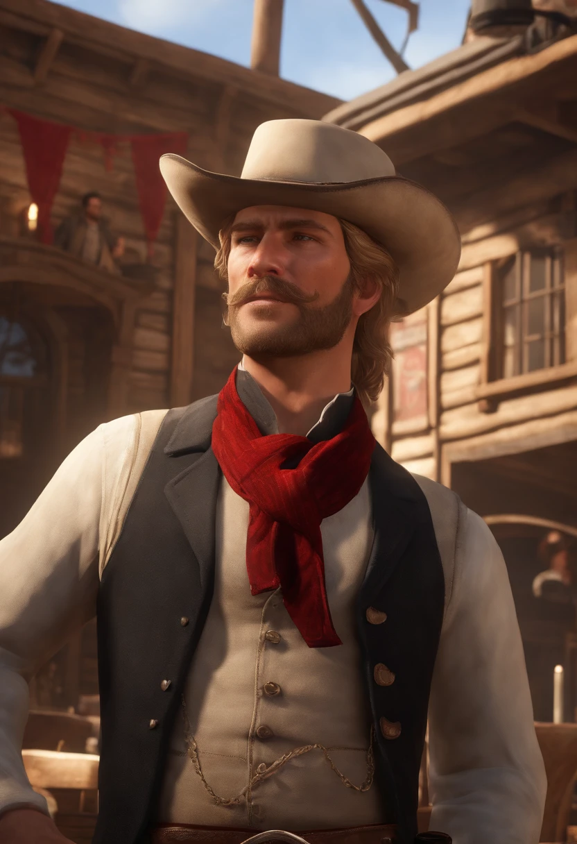 A photo of a rowdy saloon, with people dancing on tables, drinks being spilled, and general mayhem all around.,Red Dead Redemption 2,Micah has shoulder-length blond hair, along with a thick horseshoe mustache and side-whiskers. Micah is slightly portly and often wears an undone black leather coat, a red or black shirt accompanied by a red vest, a blue neckerchief, beige trousers, and a white hat., male