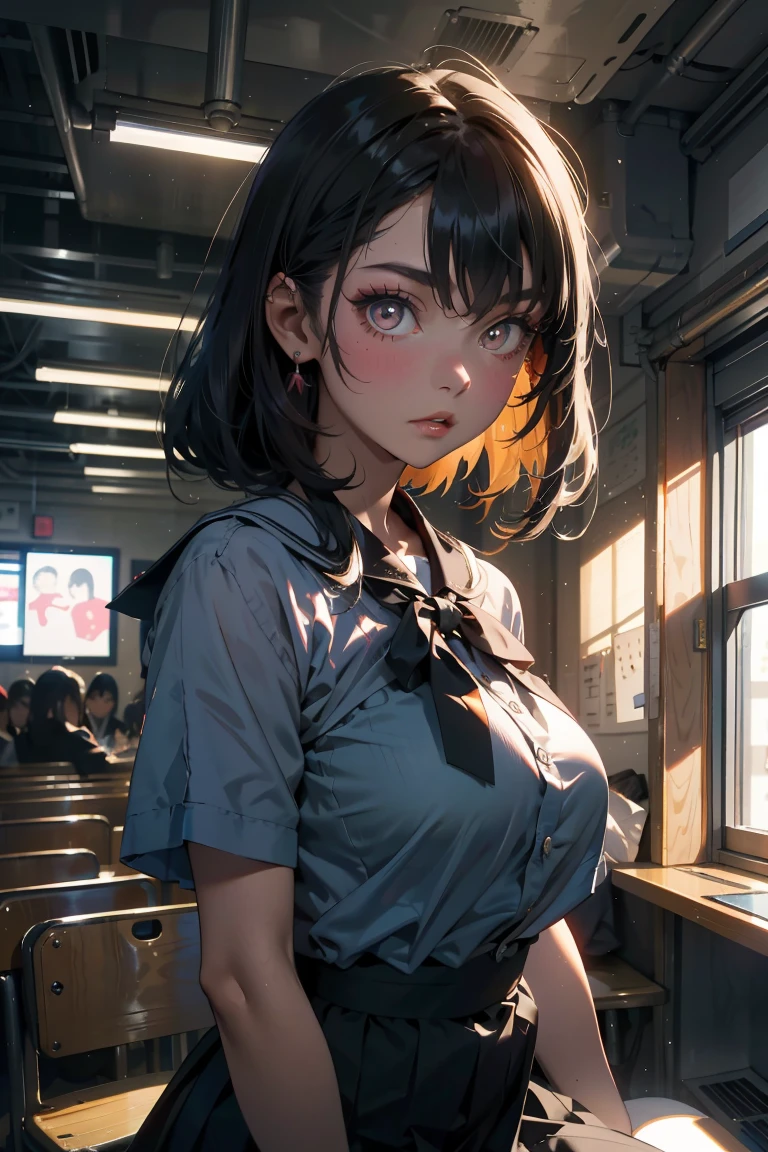 a 20 yo woman、A dark-haired、(hi-top fade:1.3)、dark themed、Muted Tones、Subdued Color、highly contrast、(natural skin textures、Hyper-Realism、Soft light、sharp)、(masutepiece:1.2, Best Quality), (real picture, Intricate details), (1lady, Solo, Upper body, Big Tits)
Clothes: Edgy, Avant-garde, experimental
appearance: Shaved head or bold hair color, Dramatic makeup, Unconventional fashion choices
behavior: defiance, non-conformist, place of provocation: urban art district, Underground Music Scene
hobby: attending punk shows, creating mixed media art, Try different subcultures
values: individuality, authenticity, Creative Expression Inspiration: Punk rock music, Counterculture icons, Characters of the avant-garde movement: Bold, boldness, Unconventional.,masterpiece、white backgrounid、18-year-old woman、there is a woman sitting on a chair in a classroom, in class room, sitting in classroom, a hyperrealistic schoolgirl, Japan school uniform, japanese high school, japanese girl school uniform, a hyperrealistic schoolgirl, of a schoolgirl posing, wearing japanese school uniform, Cute Schoolgirl, full subject in shot, Pupils, Realistic Schoolgirl, In the classroom of the school、A dark-haired、waist-length hair、