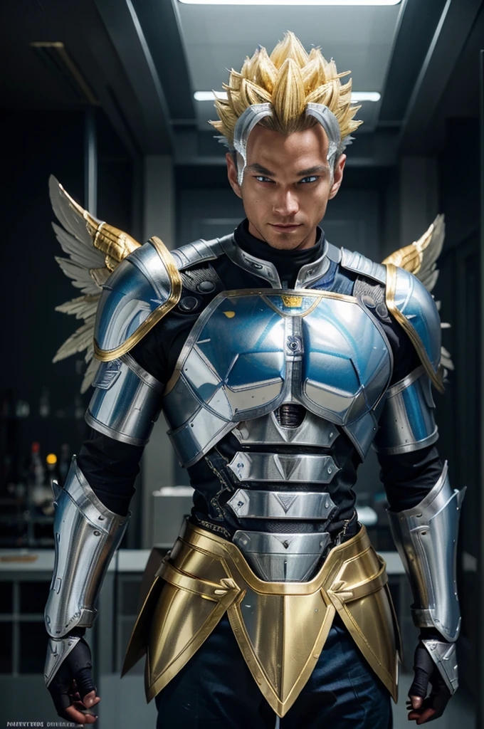 Futuristic technological male knight, angel wings, wide and huge wings, blue-silver metallic armor, vegeta, advanced complicated armor, yellow-gold metallic hair, super saiyan, photo, cinematic, excited, looking straight at the camera, With disdainful smile on his face, subtle sharp focus, volume lighting, Cinematic Lighting