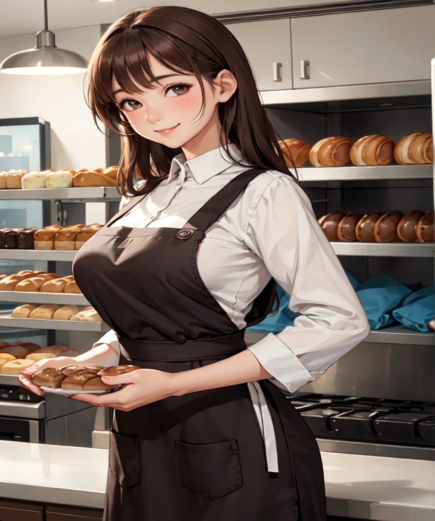 1lady solo, /(staff uniform/) /(brown apron/), holding tray, /(brown hair/) bangs, blush kind smile, (masterpiece best quality:1.2) delicate illustration ultra-detailed, large breasts BREAK bakery