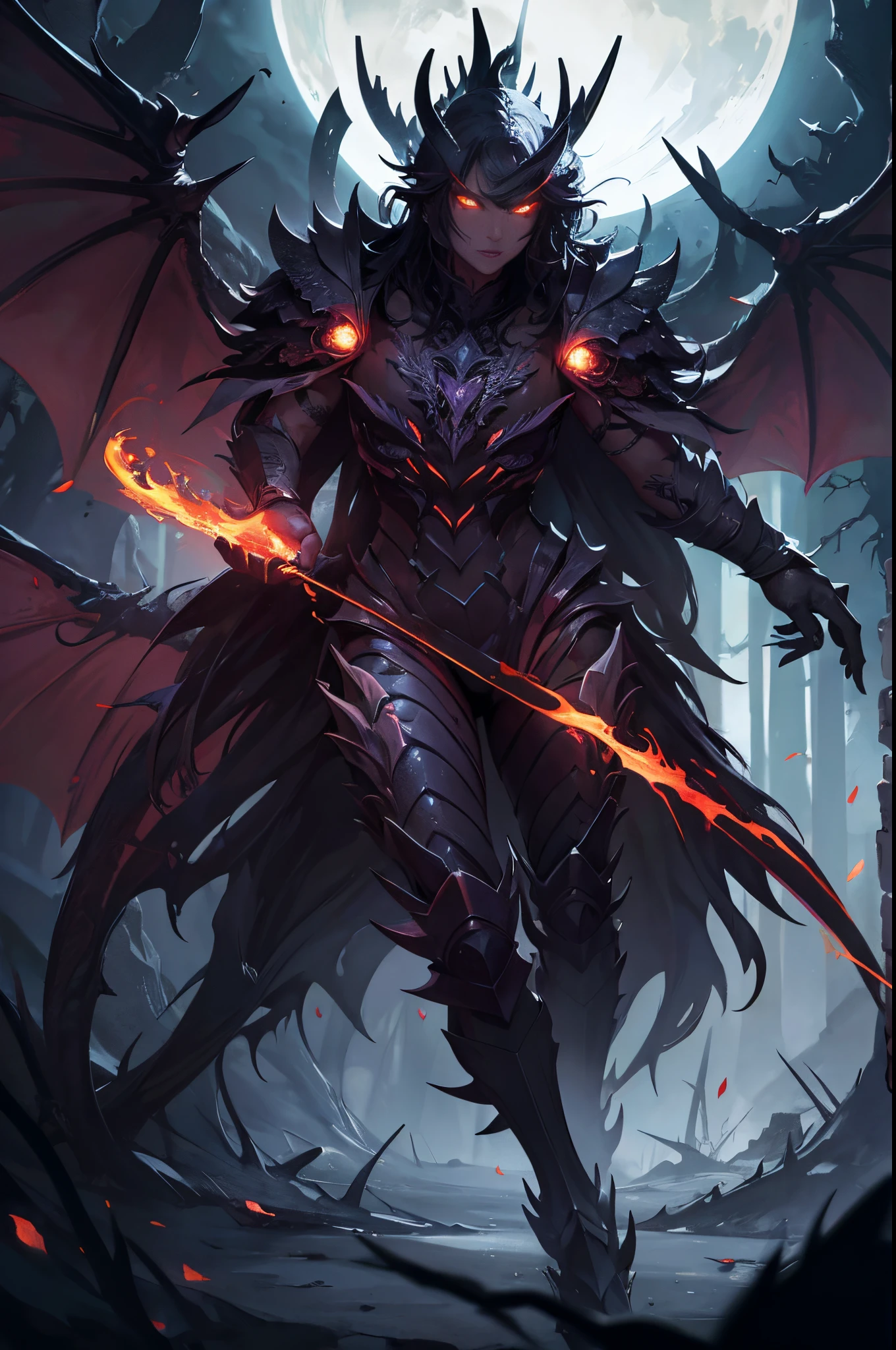 dragon noir semi-adulte aux yeux rouges, Detailed scales, Ailes majestueuses, fierce expression, Dark forest background, Nuit au clair de lune, realistic rendering, Vibrant colors, dramatic lighting. --s 1000