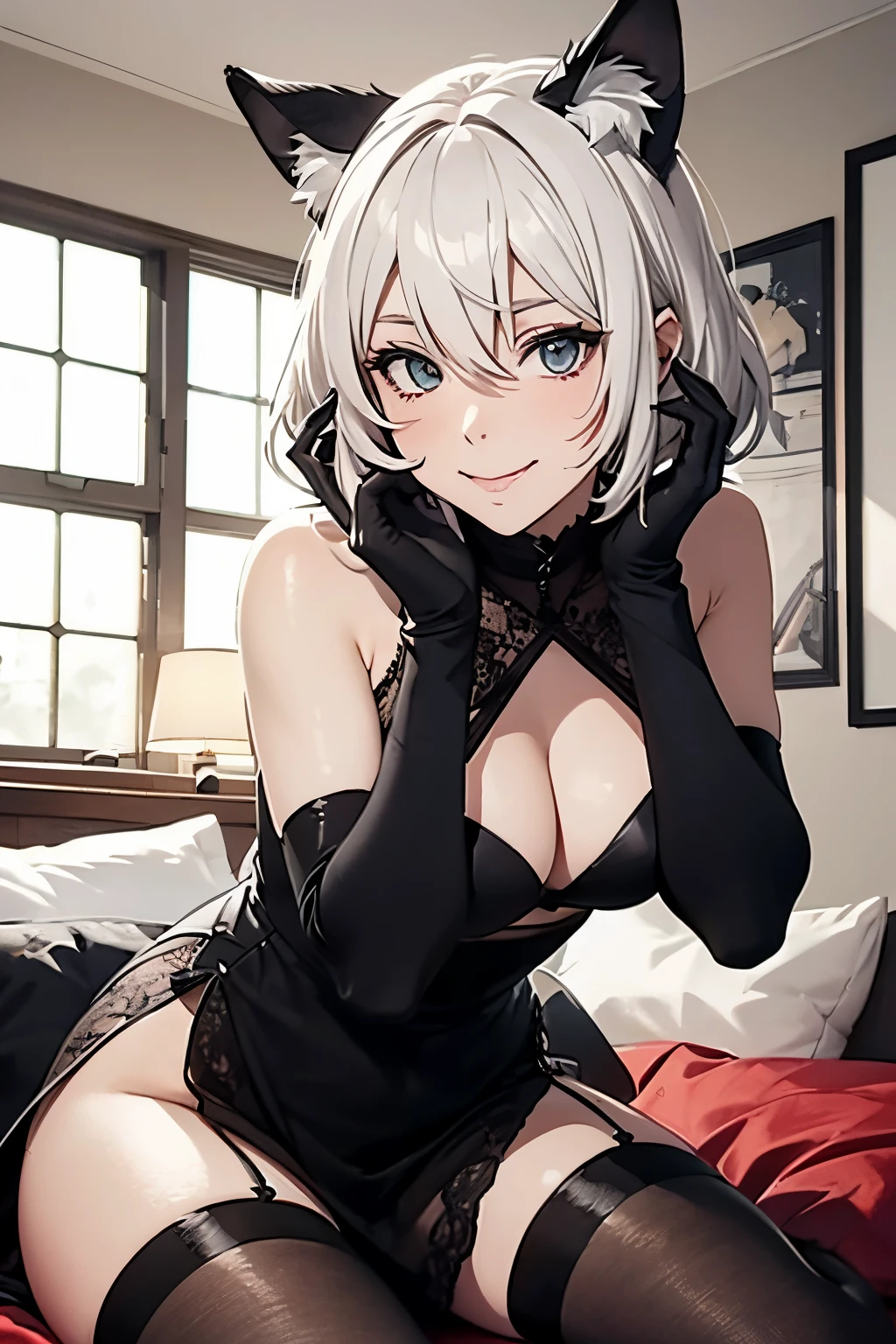 masutepiece high-level image quality Top image quality 8K adult lady(Soio) Black long gloves((Nero)(Long gloves)(both hands over)) Black stockings((Nero)(stockings) party dress((sleeveless)(Nero)(frilld)) White wolf ears shorth hair((short-cut)(White hair)(Habitual hair)(fluffly)) a smile Eye color is blue on the beds Put your hand on your face View here