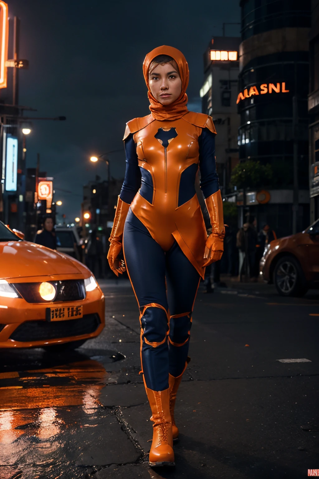 concept-art, Photorealistic, perfect head, Detailed face, Full body, Female, hijab, Robe, Marvel-style character, Brown hair, Brown eyes, orange-navy blue tight suit, shoulder protections, orange chest and skirt, orange gloves and boots, medallion with blue gem, futuristic asian city background, 8K, hdr, Sharp, Detailed,