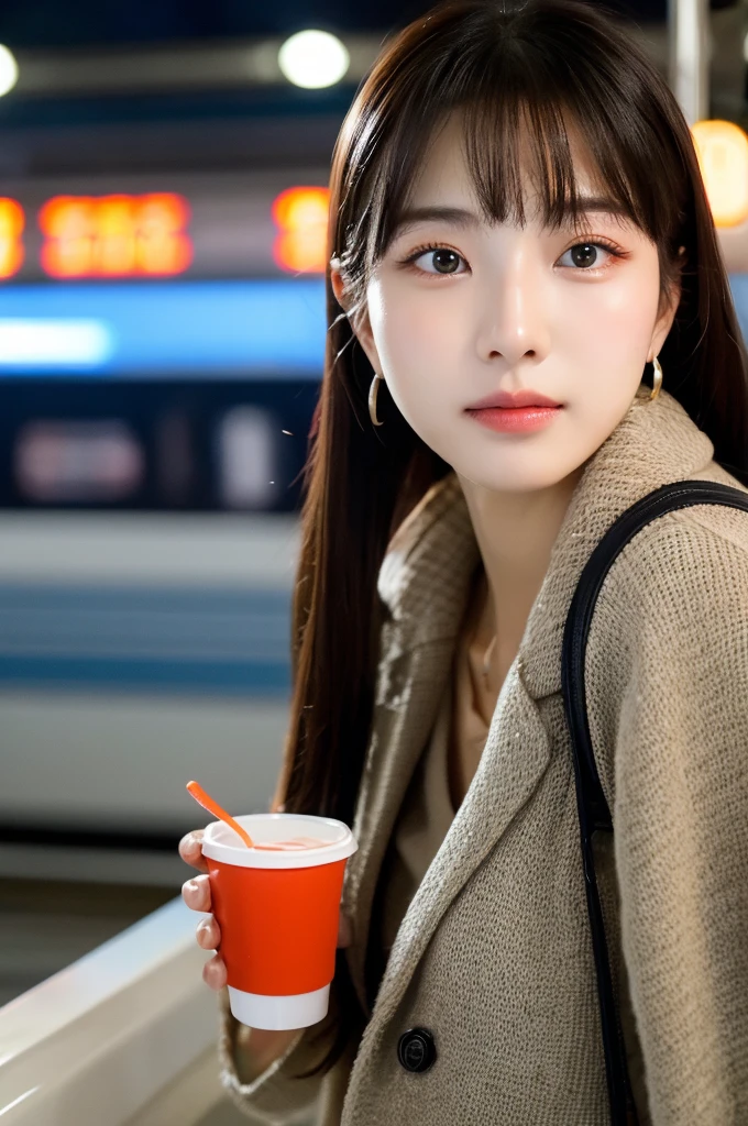Beautiful Korean fashion model bokeh train movie photo