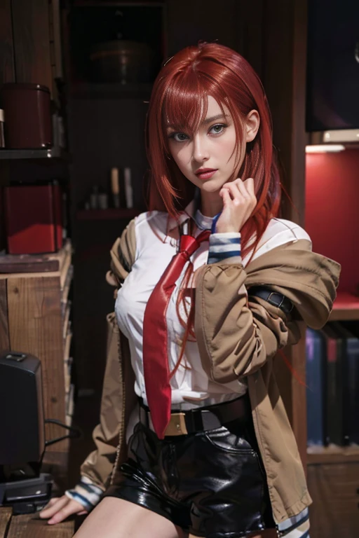 ((masterpiece), (best quality), ultra high res, (raw photo:1.2), (photorealistic:1.4), Exceptional detail, dramatic lighting, highres, 8k, absurdres, CN_Girl1, 1girl, long hair, medium breasts, pikkykurisu, looking at viewer, (red hair:1.5), long hair, eyes visible through hair, bangs, hair between eyes, blue eyes, purple eyes, breasts, large breasts, shorts, pantyhose, jacket, shirt, red necktie, necktie, belt, white shirt, legwear under shorts, brown jacket, short shorts, long sleeves, black pantyhose, cowboy shot, blush, different pose, ulzzang-6500:0.7,