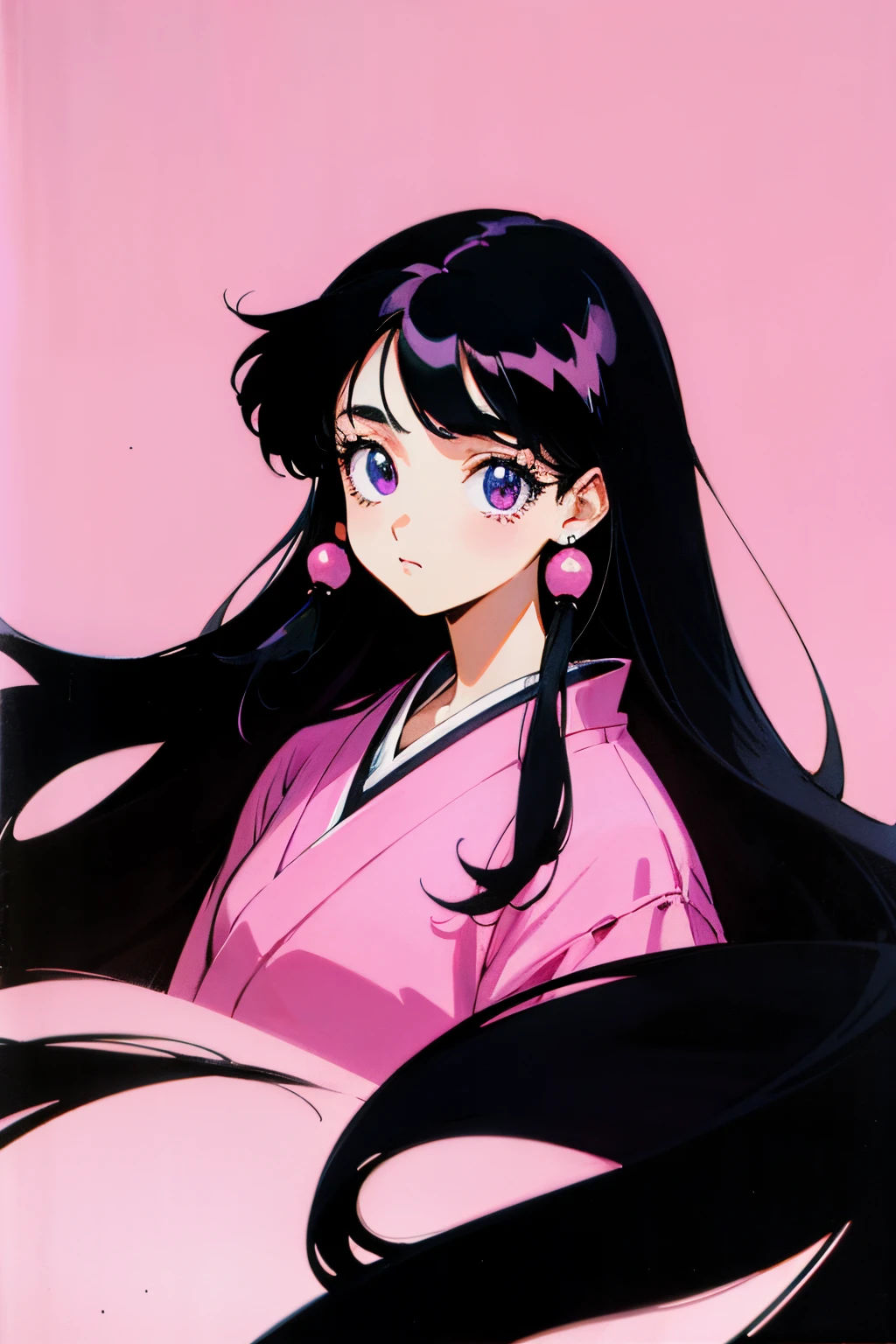 White girl, long black hair, teenager, 80s anime style, portrait, japanese, pink background, black clothes