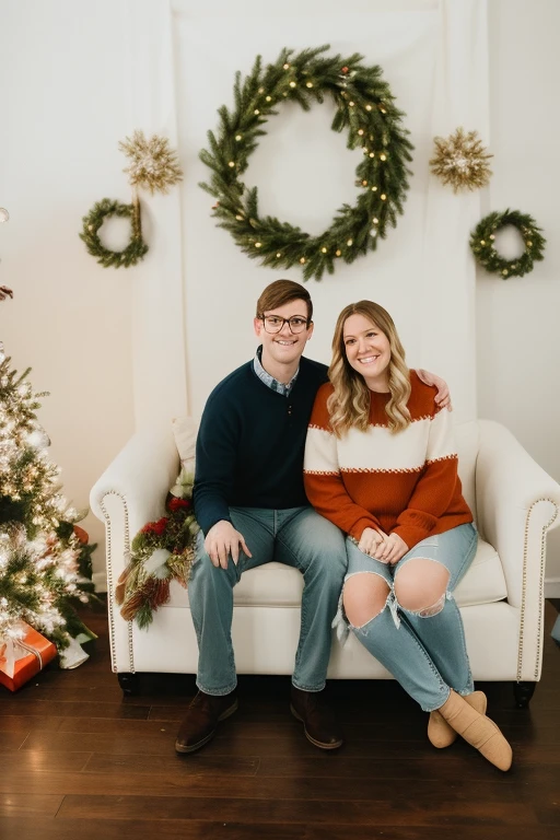 Pixar drawing there is a man and woman sitting on a couch in front of a christmas tree, couples portrait, couple portrait, happy couple, cozy studio photography, colored photo, lovely couple, profile picture, photo shoot, portrait of two people, profile image, indoor picture, by Kristin Nelson, in front of white back drop, 🤬 🤮 💕 🎀, carson ellis