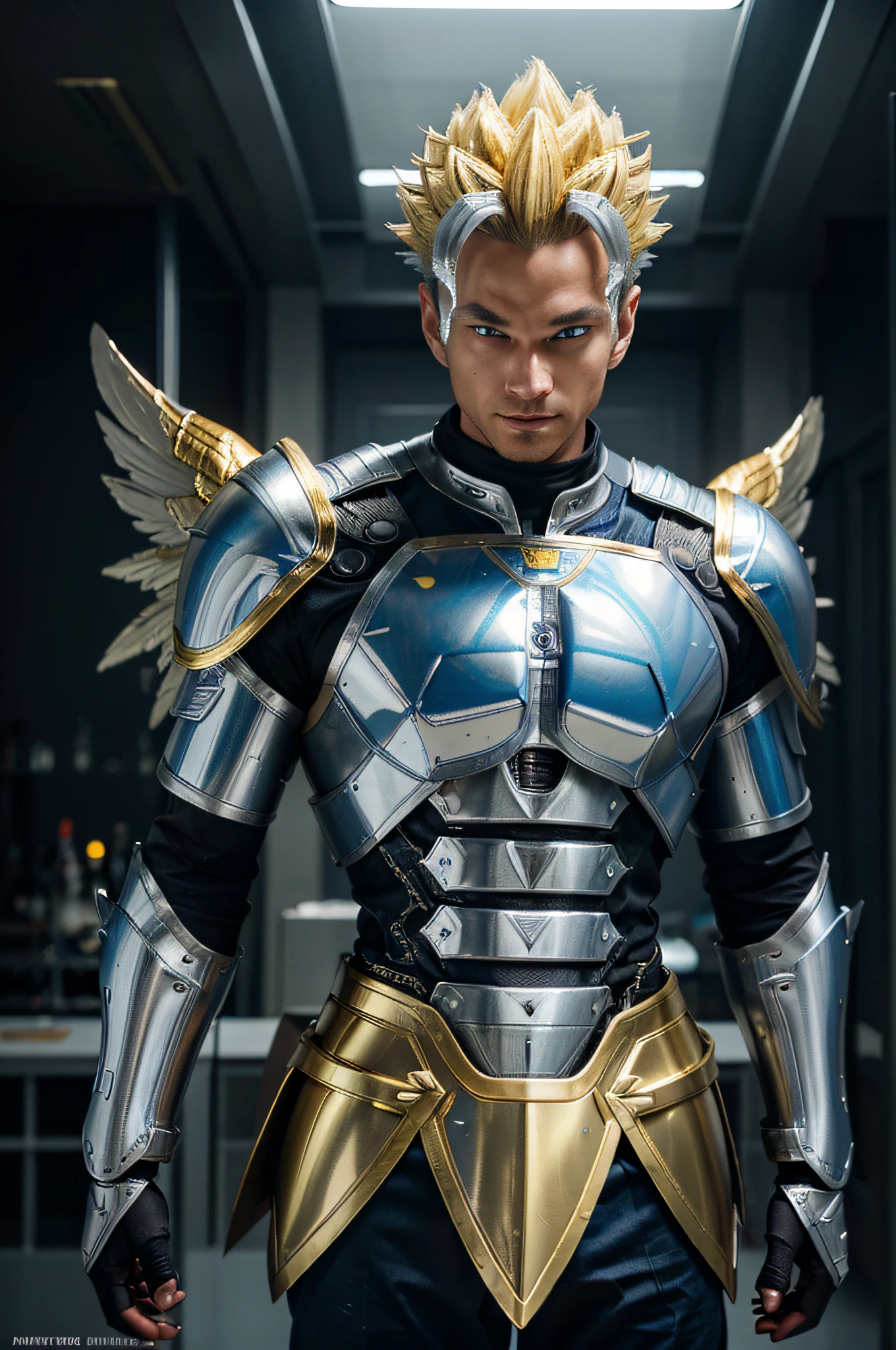 Futuristic technological male knight, angel wings, wide and huge wings, blue-silver metallic armor, vegeta, advanced complicated armor, yellow-gold metallic hair, super saiyan, photo, cinematic, excited, looking straight at the camera, With disdainful smile on his face, subtle sharp focus, volume lighting, Cinematic Lighting