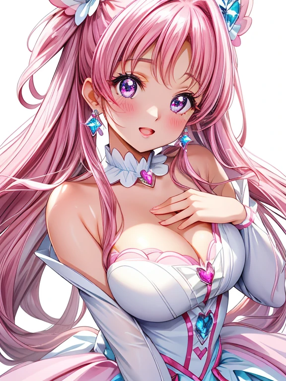 Precure、Awesome cutest、Sparkling eyes、magical 、Plump lips、Dark eye makeup、light pink and white costume、I love the viewer、A loving gaze、Upbeat cheeks、half-opened mouth、16K、ciinematic light、medium large breast, head shot、incoming kiss