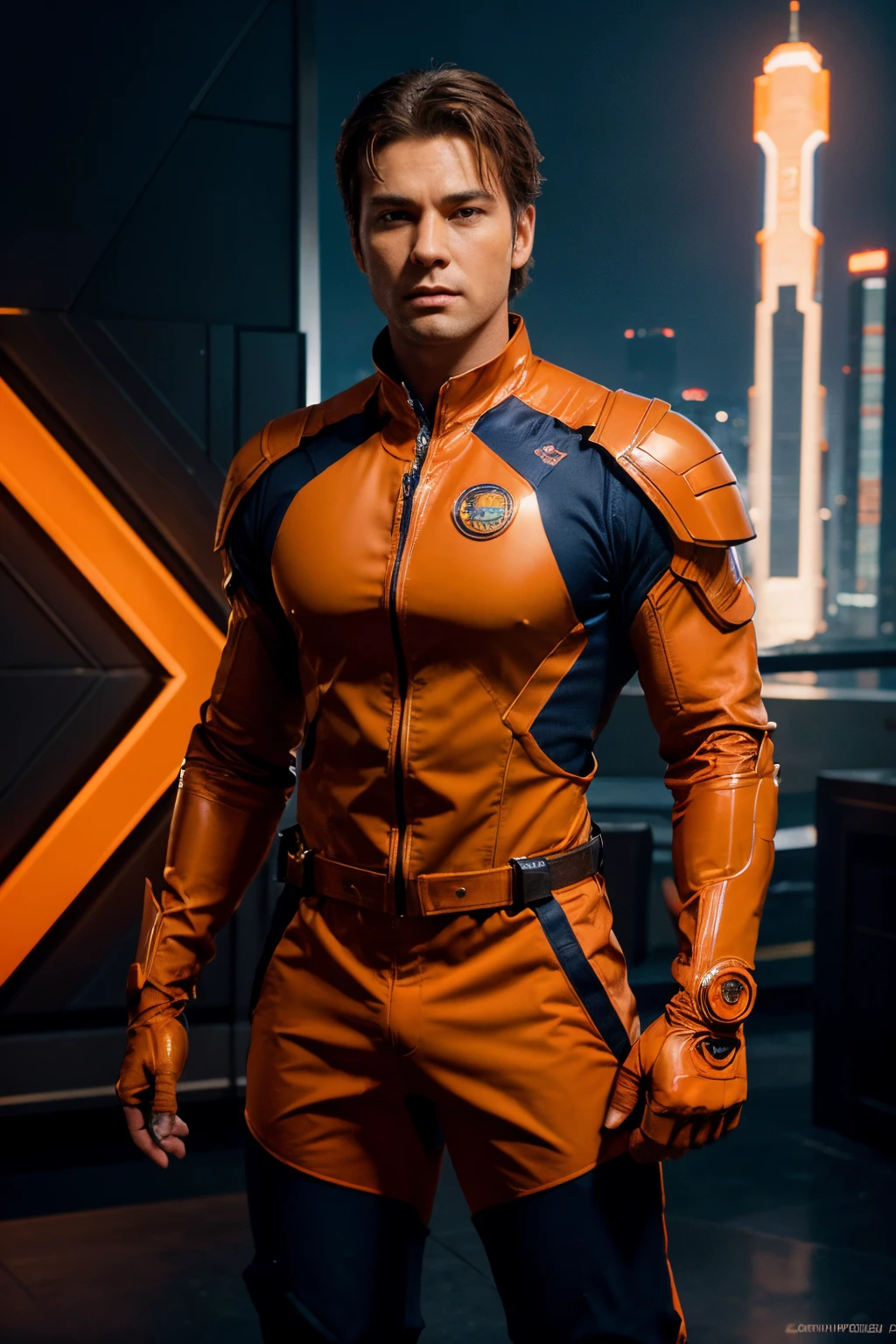 concept-art, Photorealistic, perfect head, Detailed face, Full body, Male, Marvel-style character, Brown hair, Brown eyes, brown skin, orange-navy blue tight suit, shoulder protections, orange chest and skirt, orange gloves and boots, medallion with blue gem, futuristic asian city background,8K,hdr,Sharp,Detailed,