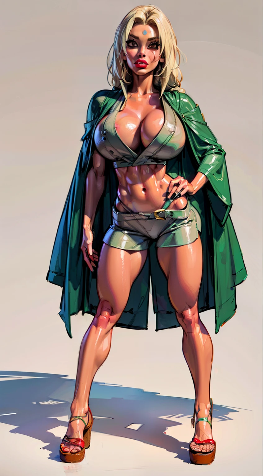 ((masterpiece)),(((best quality))),((character design sheet)), naruto character tsunade, (tsunade green cloak:1.4) ((tsunade)), ((full body view)) mature face, (blonde hair),((asian eyes:1.4)), ( (( brown sandals)) above knees:1.4), (blue short pants), defined cheekbones,((long hair:1.2)), high cheekbones, illustration, muscular, sexy bimbo, (gigantic breasts:1.3) red hair, ((detailed face:1.4)) beautiful woman, (grey kimono :1.1), (white skin:1.4) , (red lipstick:1.4), shiny skin, scribbles and marks,(puffy lips:1.4) , (blue dot middle forehead), rough sketches, pose, 8k,16k, (simple background, white background: 1.3) ((cool color palette)), ((cleavage))