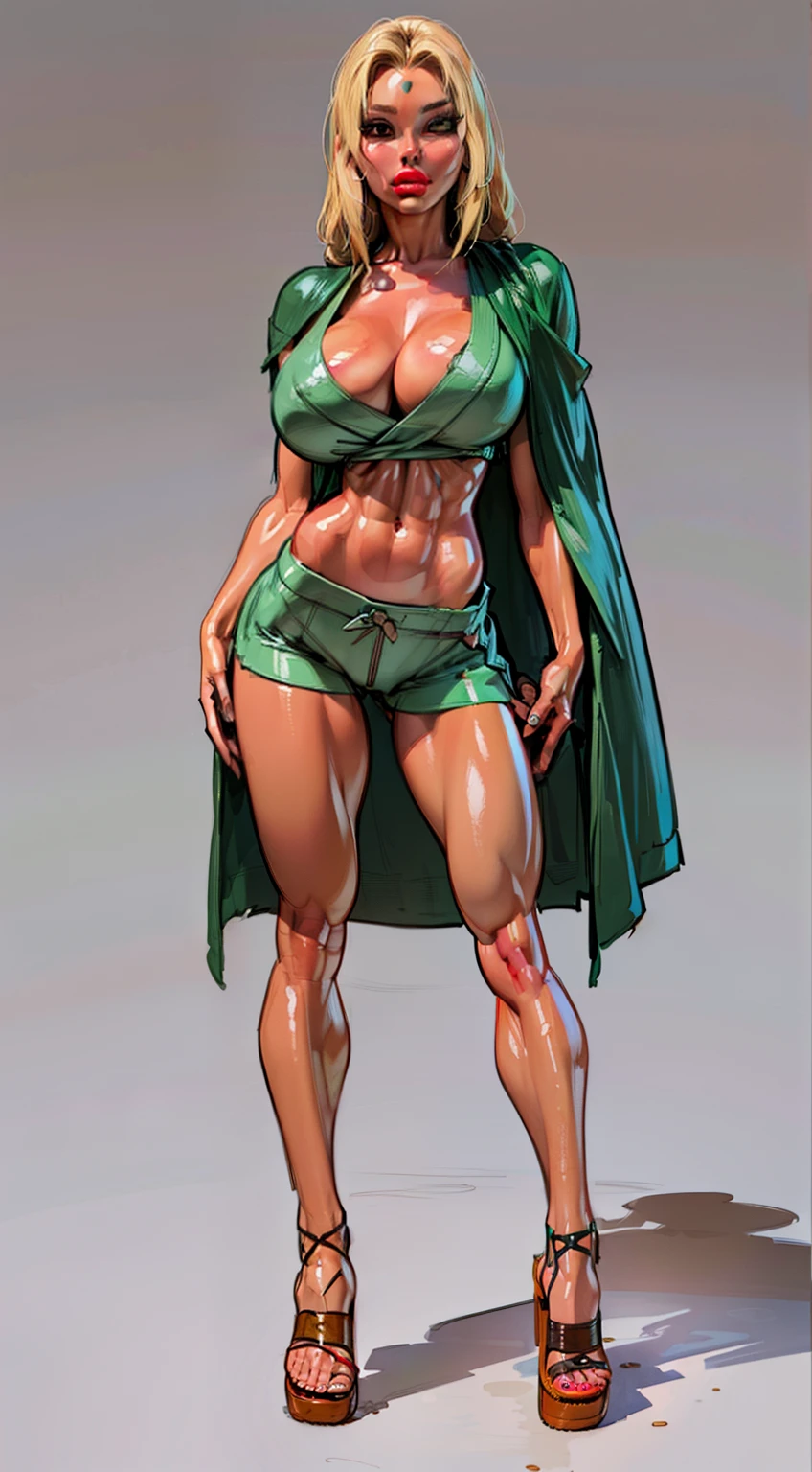 ((masterpiece)),(((best quality))),((character design sheet)), naruto character tsunade, (tsunade green cloak:1.4) ((tsunade)), ((full body view)) mature face, (blonde hair),((asian eyes:1.4)), ( (( brown sandals)) above knees:1.4), (blue short pants), defined cheekbones,((long hair:1.2)), high cheekbones, illustration, muscular, sexy bimbo, (gigantic breasts:1.3) red hair, ((detailed face:1.4)) beautiful woman, (grey kimono :1.1), (white skin:1.4) , (red lipstick:1.4), shiny skin, scribbles and marks,(puffy lips:1.4) , (blue dot middle forehead), rough sketches, pose, 8k,16k, (simple background, white background: 1.3) ((cool color palette)), ((cleavage))