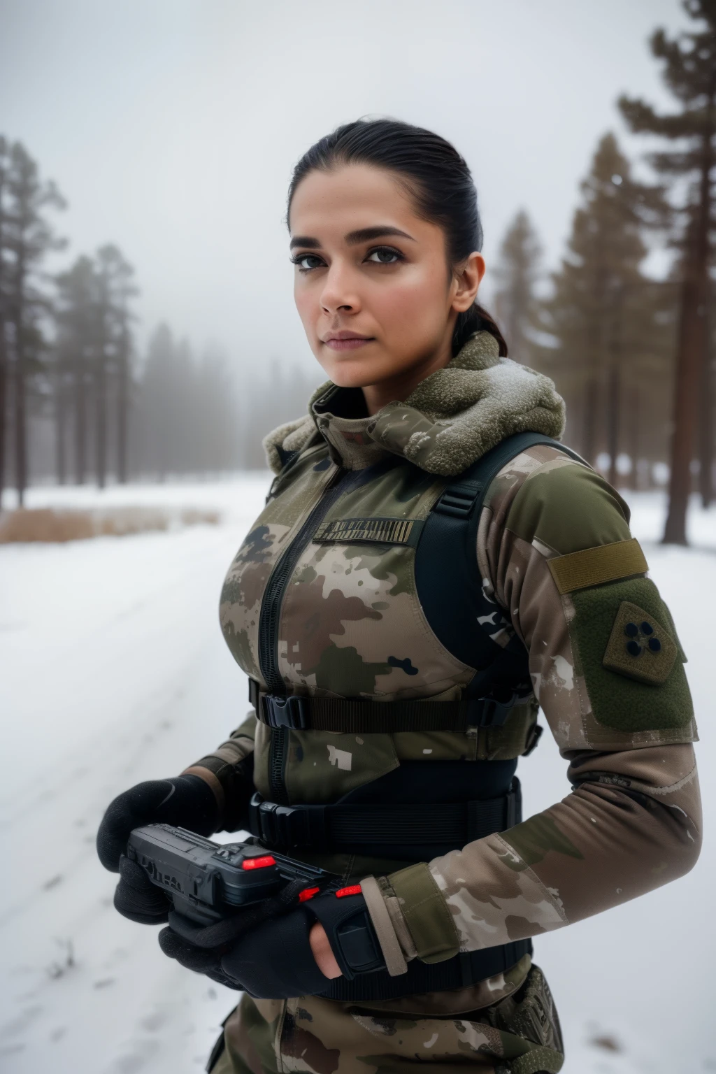 A beautiful brunette soldier girl, wearing winter camo military gear, camo plate carrier rig, combat gloves, AR-15, during a snow storm,, beautiful, moody lighting, best quality, full body portrait, real picture, intricate details, depth of field, in a cold snowstorm, , Fujifilm XT3, outdoors, bright day, Beautiful lighting, RAW photo, 8k uhd, film grain, dark hues, moody