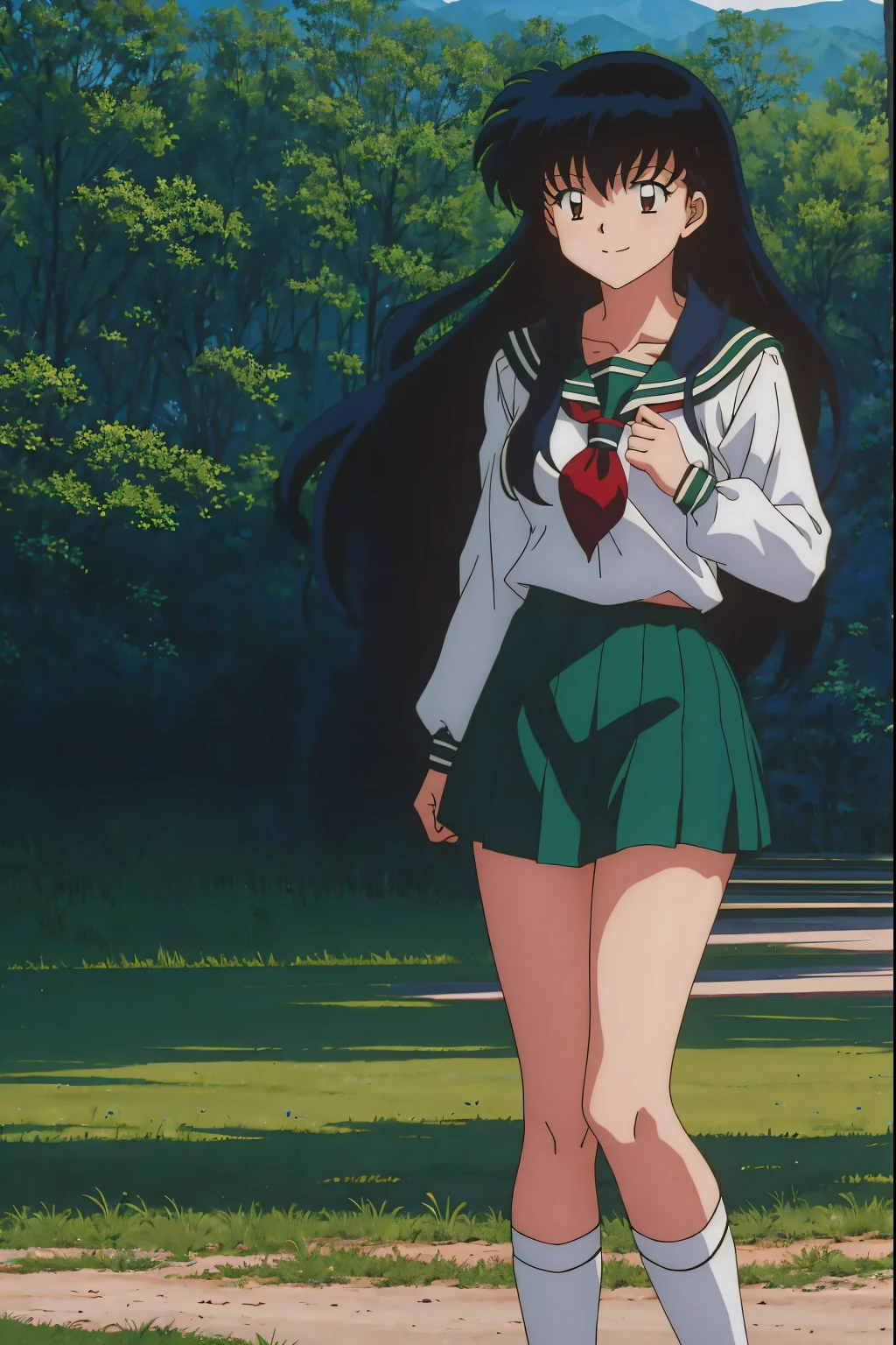 1girl, Best Quality, 巨作, HD, Kagome Higurashi, 1girl, school uniforms, Black hair between the eyes, long  hair, Standing, Full body, young girl, Full body , ((anime)), ((Colored)), chest, smile, thighs red scarf