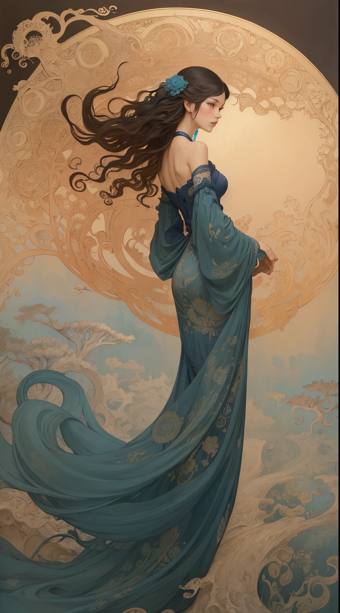 best quality Michael Cheval style illustration, very beautiful,l turquoise blue lace, swirling hair, spirals, high quality, highly detailed, Imagine an extraordinary illustration inspired by the fusion of Alphonse Mucha, Katsushika Hokusai, and Zdzisław Beksiński, The composition blend Mucha's art nouveau elegance, Hokusai's masterful ukiyo-e style, and Beksiński's surreal and haunting atmospheres, The central theme revolve around a serene yet surreal scene, featuring gracefully posed figures adorned with intricate art nouveau patterns, set against a backdrop of surreal landscapes that evoke both beauty and an otherworldly sense of mystery, The color palette would be a delicate fusion of Mucha's soft pastels, Hokusai's vibrant ukiyo-e hues, and Beksiński's moody and ethereal tones, by yukisakura, high detailed, Test, by alex1shved, highly realistic, ruddy skin, beautiful, full lips, smiling, feeling of lightness and joy, hyperrealism, skin very elaborated, direct gaze, by alex1shved,