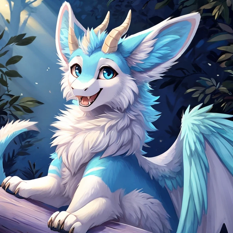 Furry art, feral, furred dragon, female, white fur with blue stripes, wings, big ears, horns, chest fluff, paws, teeth, fangs, happy, quadruped, cute