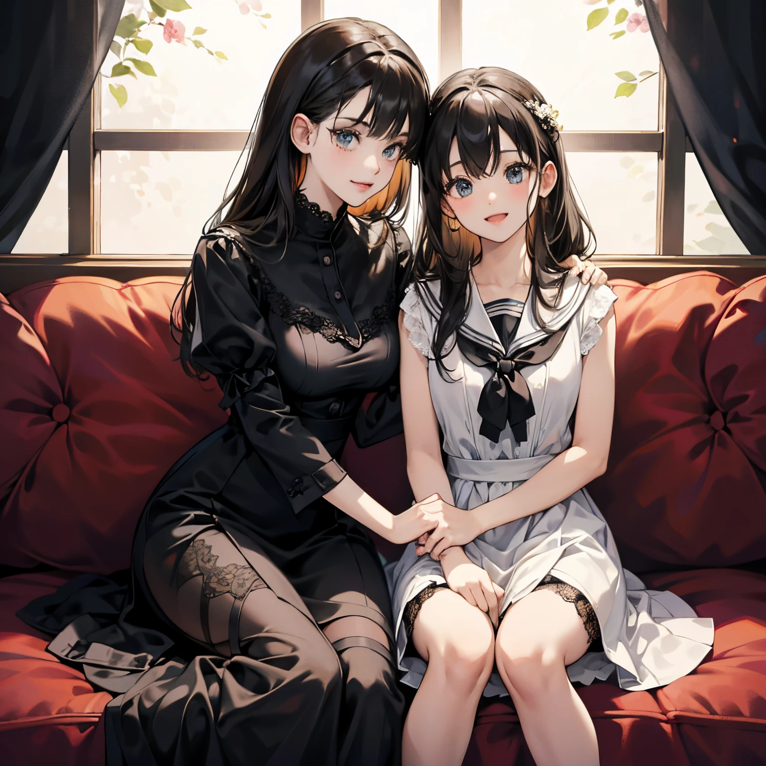 Close and lovely sisters hugging each other，love each other,Accurately depicted face,Happy look,A black-haired one,Big breasted sister and flat breasted sister,Sister sitting on sister&#39;plastic wrap.,Anatomically correct,Precise fingers,Precise toes,My sister is wearing a mature black lace dress、My sister is wearing a white sailor suit.,Sitting on the sofa,masterpiece,best quality,