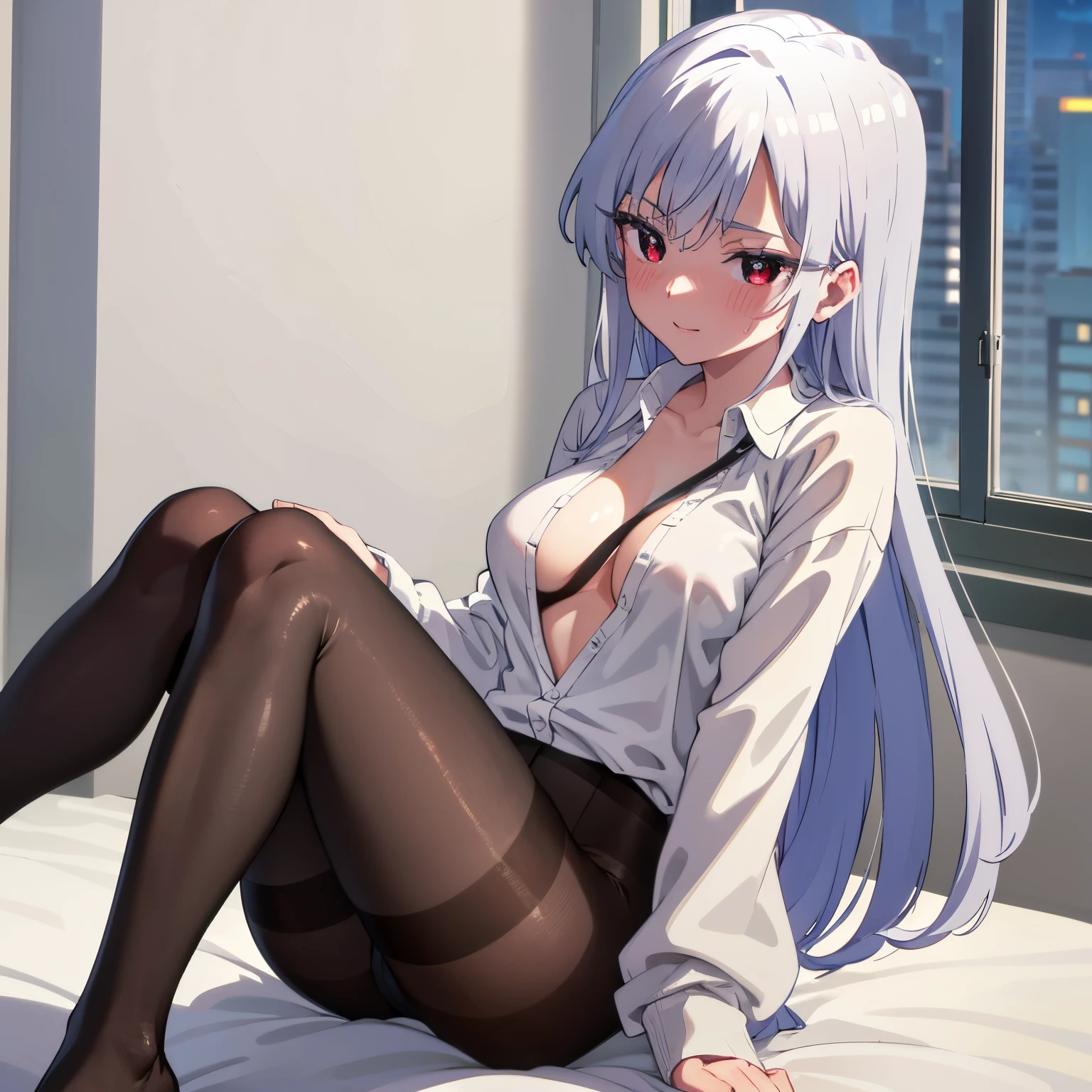 1girl, alone, nano eiai, red eyes, blue-white hair, long hair, collared shirt, long sleeves, sleeves folded around the elbows, white shirt, transparent shirt, unbuttoned shirt, underwear, black bra, black thong, pantyhose black, transparent pantyhose, sweaty, embarrassed, makeup, smiling, seductive, big breasts, medium waist, medium hips, wide thighs, room, bedroom, window, good lighting, open window, night, bed, sitting on bed, legs open , wind, levitated hair, 1 girl, (Masterpiece), (high resolution), (8k), (extremely detailed), (4k), (Pixiv), Perfect face, Beautiful eyes and face, (Best quality) , (super detailed), Detailed face and eyes, (Only), textured skin, Absurd, high resolution