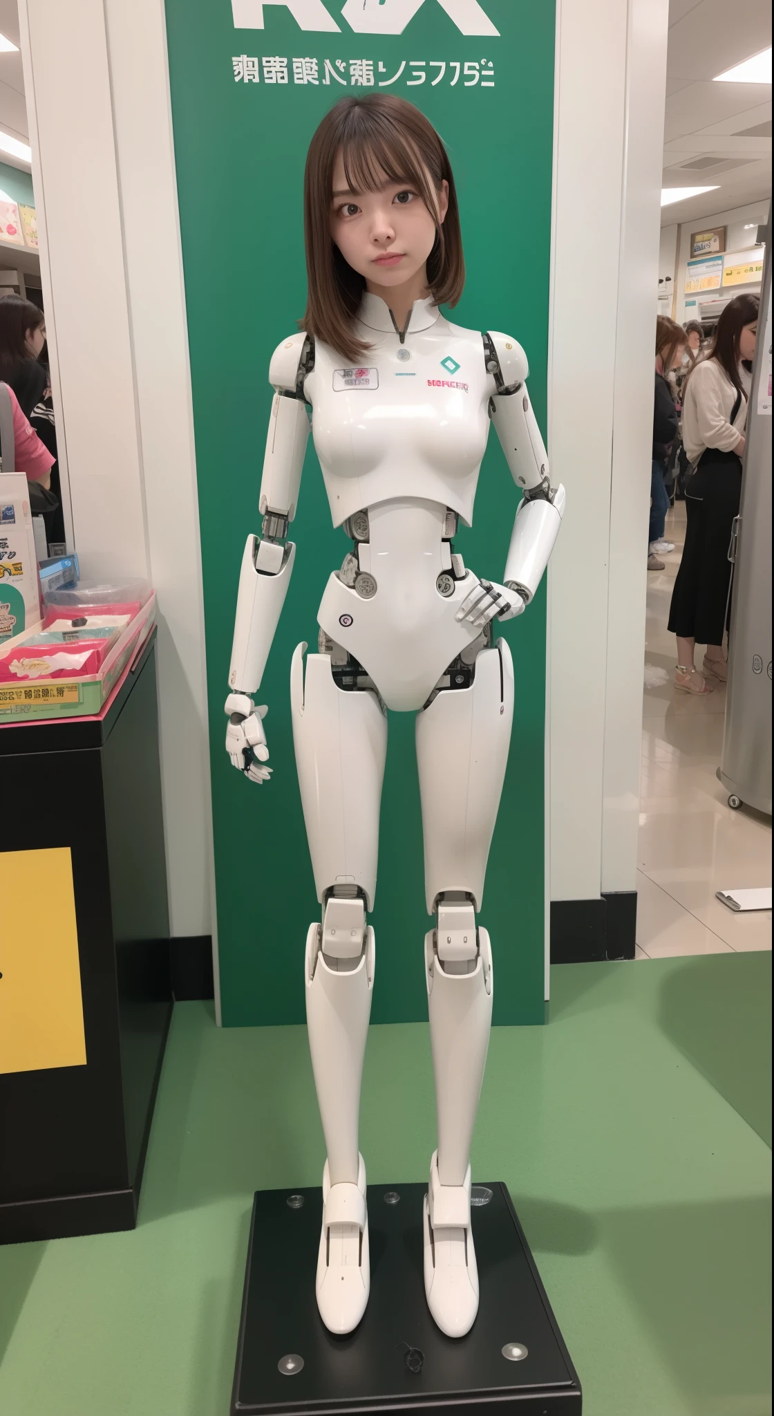 robot girl, pink there, Silver, Metallic body, Robot Parts, Metal Parts, Super Detailed Face, Super well-formed face, of the highest quality, a small face, a small head, Brown hair, slender body, Camera gaze, Internal Mechanical Exposure, Idol, Well-proportioned body, gravure, Photo session, Akihabara, Moe Pose, Standing with legs open, Model body type, sad, Embarrassing,(Perfect Robot Girl),(Perfect machine body)