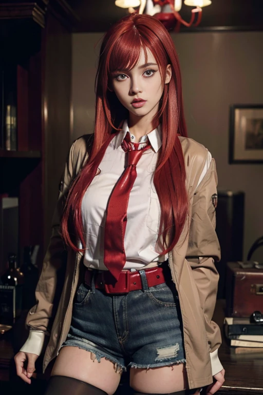 ((masterpiece), (best quality), ultra high res, (raw photo:1.2), (photorealistic:1.4), Exceptional detail, dramatic lighting, highres, 8k, absurdres, CN_Girl1, 1girl, long hair, medium breasts, pikkykurisu, looking at viewer, (red hair:1.5), long hair, eyes visible through hair, bangs, hair between eyes, blue eyes, purple eyes, breasts, large breasts, shorts, pantyhose, jacket, shirt, red necktie, necktie, belt, white shirt, legwear under shorts, brown jacket, short shorts, long sleeves, black pantyhose, cowboy shot, blush, different pose, ulzzang-6500:0.7,