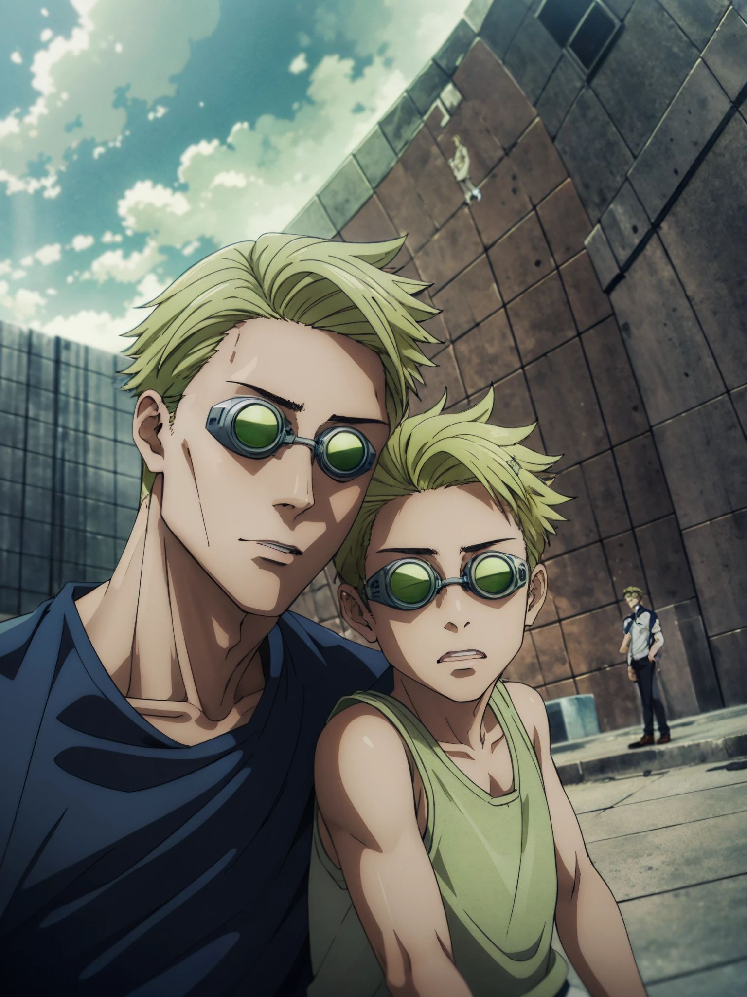 there is a man and a boy that are standing together,((KentoNanami)),masterpiece,highres,high quality,extremely detailed,goggles,tinted eyewear,serious,formal,