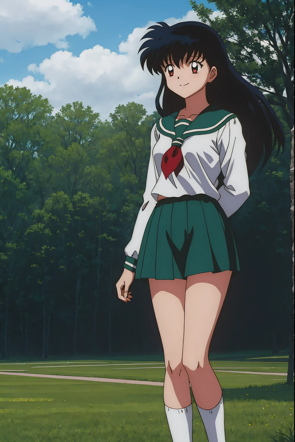 1girl, Best Quality, 巨作, HD, Kagome Higurashi, 1girl, school uniforms, Black hair between the eyes, long hair, Standing, Full body, young girl, Full body , ((anime)), ((Colored)), chest, smile, thighs red scarf