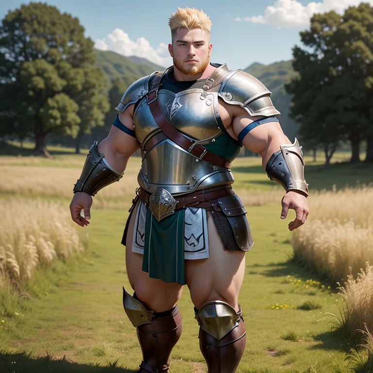 Full body picture, in a field, very strong fat bulky attractive beefy  Scottish warrior, wearing a small tunic, with some armor plates, blond hair with short taper haircut, gentle eyes, very big massive strong beefy thighs