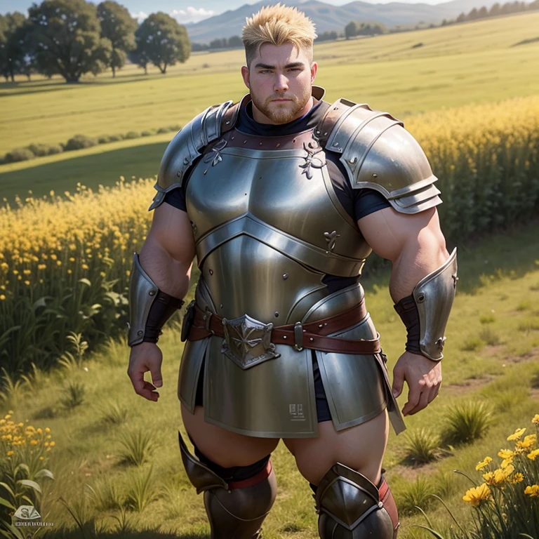 Full body picture, in a field, very strong fat bulky attractive beefy teen Scottish warrior, wearing a small tunic, with some armor plates, blond hair with short taper haircut, gentle eyes, very big massive strong beefy thighs