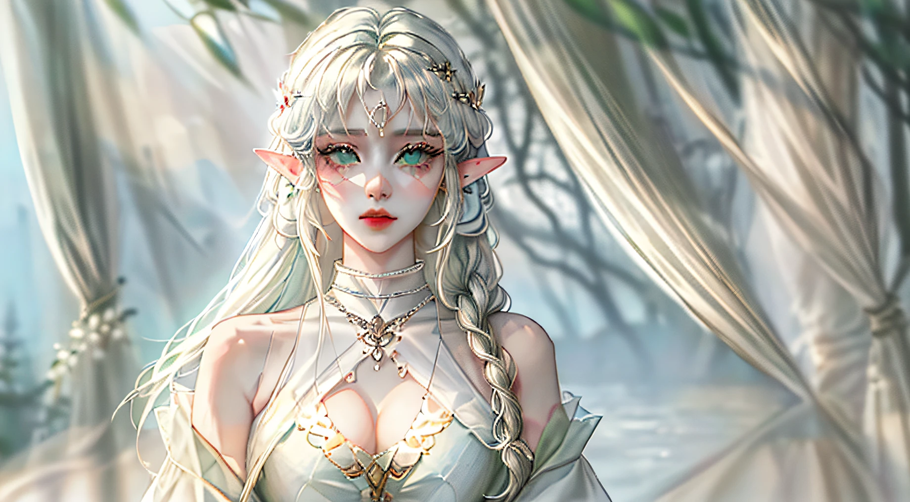 1 girl, bara, elf, small, (trembling_hair), (grey_hair:1.2), braid, (Green_eye), Medium_chesty, (white_shirt:1.5), (Windbreaker), (shoulder_shoulder:1.2), (portrait), glowing_eye, background_light, (Elf forest landscape:1.5), (pleated skirts, )(Neon_light:1.2 ), (science) ((masterpiece)), (high-res), (best_quality), (highly_Detailed), (original), (Delicate background), (Very detailed 8K wallpaper walls), Movie Lighting, Light quantity, light particle, face shading, Beautiful, detailed eyes, Depth of Field, scenary,