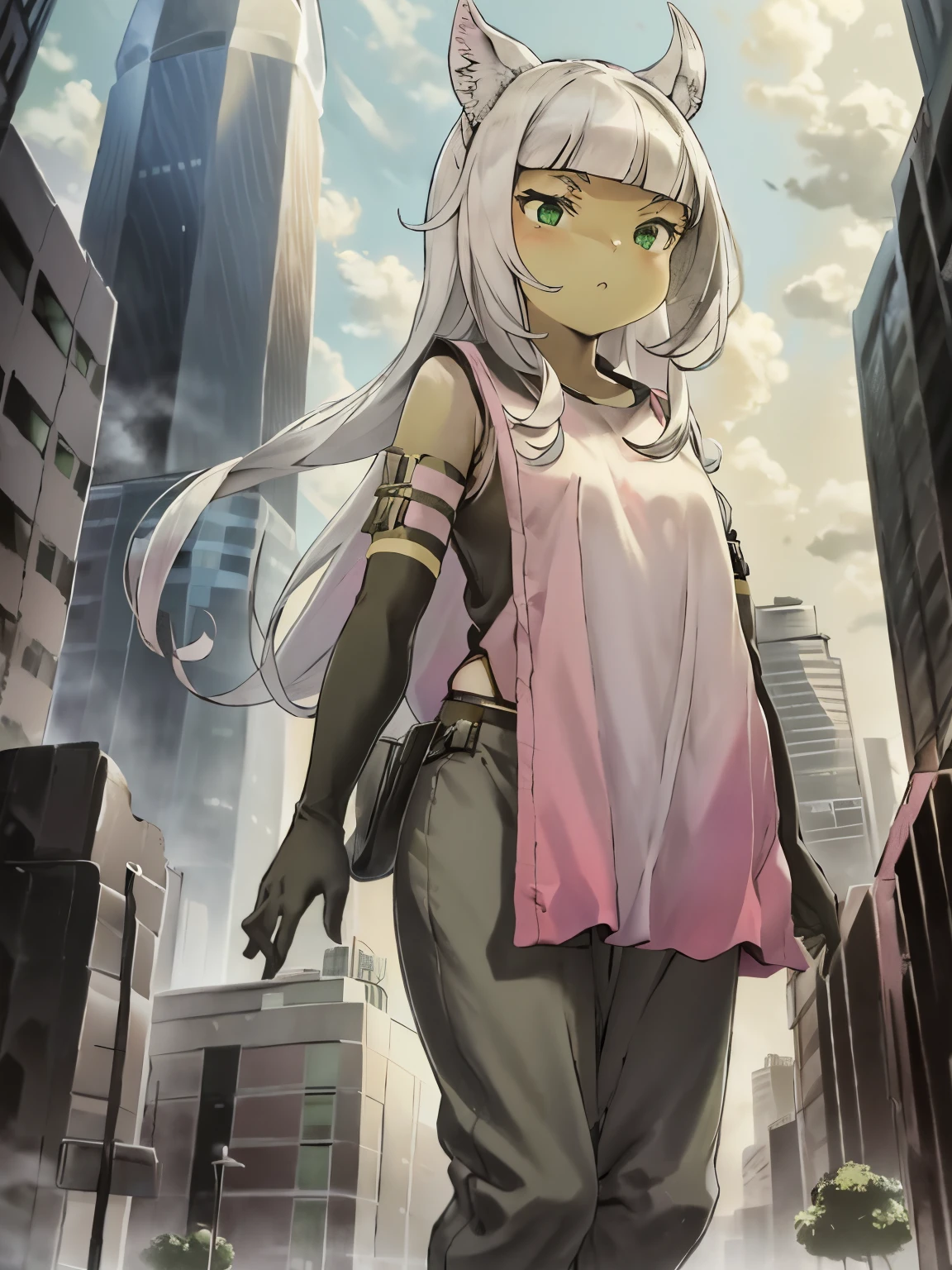 Ochette, 1girl, crowded city, green eyes, giantess, massive, tall, cute, city, full body, buildings, gao, larger than buildings, best quality, pink clothing, buildings nearby, between buildings, taller than skyscrapers, flat ground, standing, ground visible, black pants, adorable, kind, empty hands, small build, slim