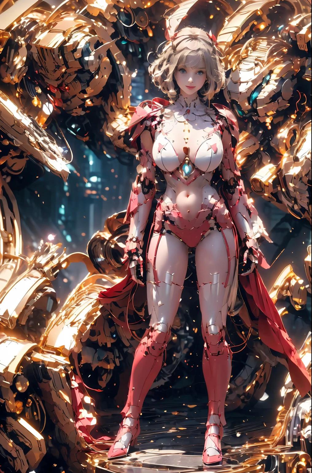 (master piece:1.2), Top image quality, PIXIV, Robot Girl,breastsout,arma, The sword, s Armor, Hold your weapon, ngel, holding a sword, 独奏, gauntlets, cape, red cloak, Navel Ejection, helmets, Torn Cape, is standing, SHINES, shoulder armer,Pink Theme, pauldron, breastplates, clothes torn, greave, fissures, banya, knights, tored, Armor boots