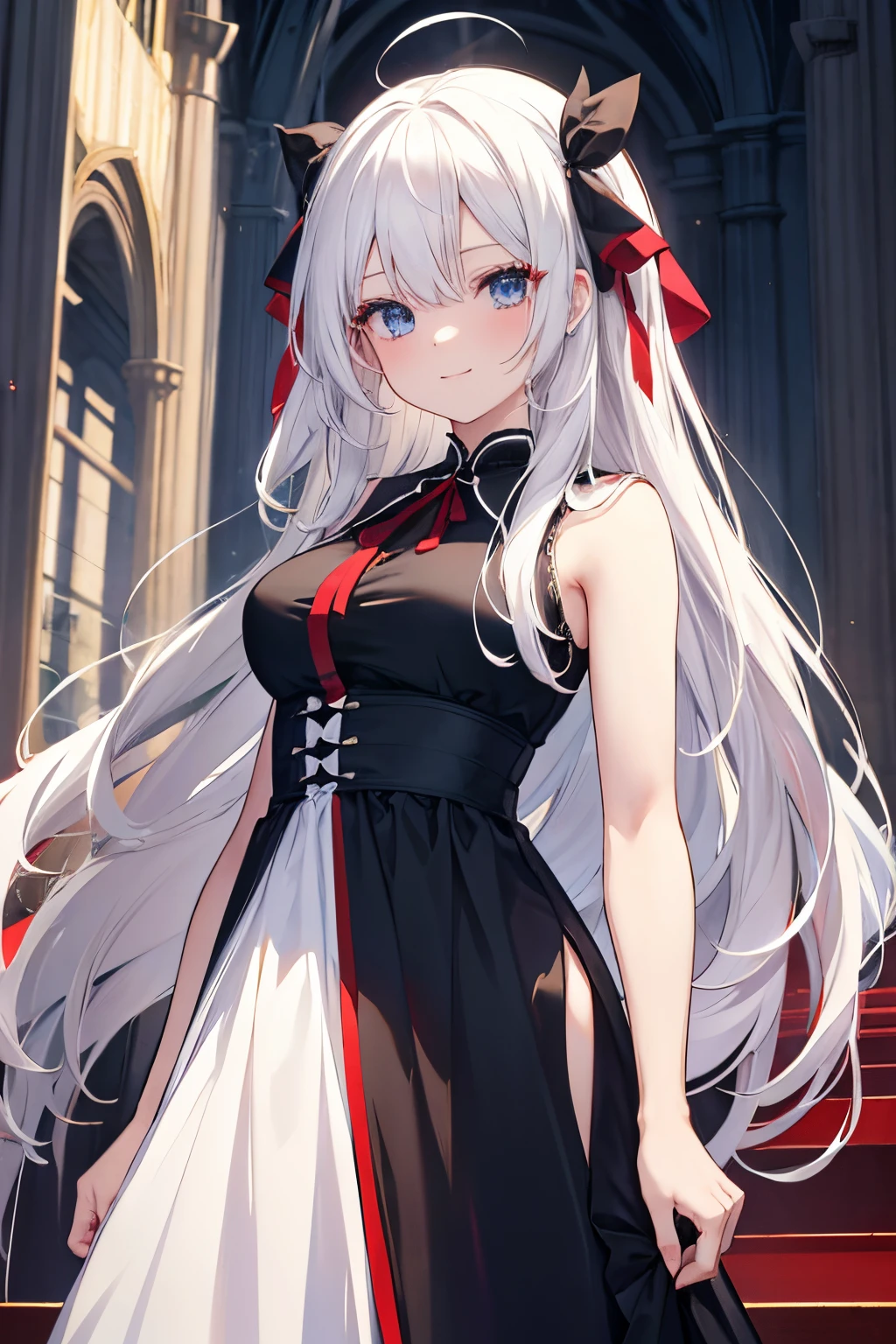 masterpiece, best quality, 1girl, anime, red eyes, long hair, white hair, black long dress, big black ribbon on head, smile, church, blue eyes