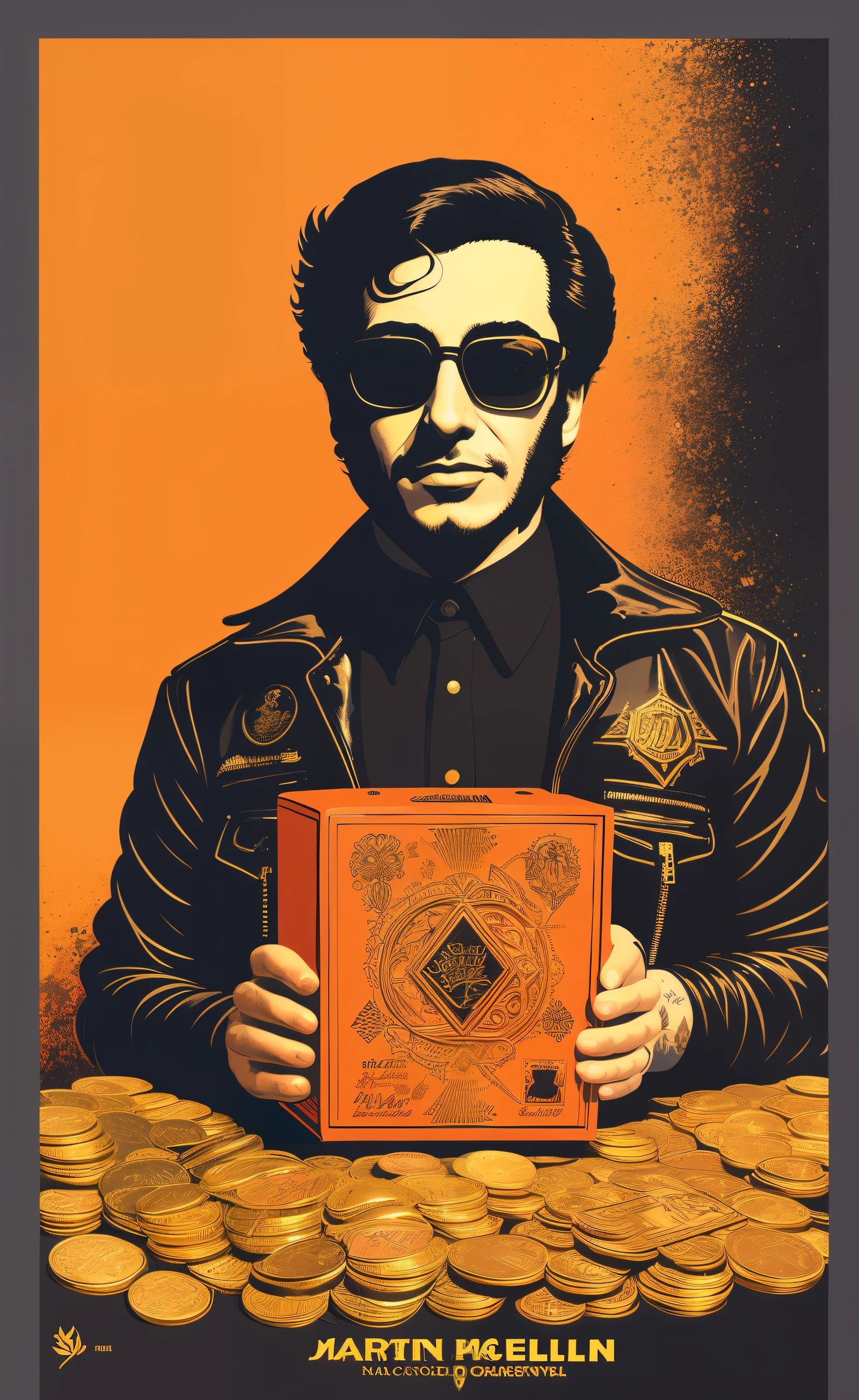 Paint red background,Woman wearing rocker leather jacket,Put the gold coins in your hand into the box on the ground,,Street graffiti,vector artwork, Hand drawn illustrations, Inspired by Sid Barrett, Inspired by John Kell, Inspired by Malcolm Morley, Poster artwork, At that time Martin, James Edmiston, hq artwork, Very detailed vector art, The content is very detailed, Martin Ansing Art Portrait, josan gonzales!!!