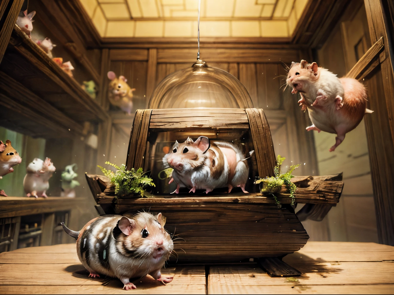 (​masterpiece), realistic, fractal art, (((hamster adventurers))), walk around the room