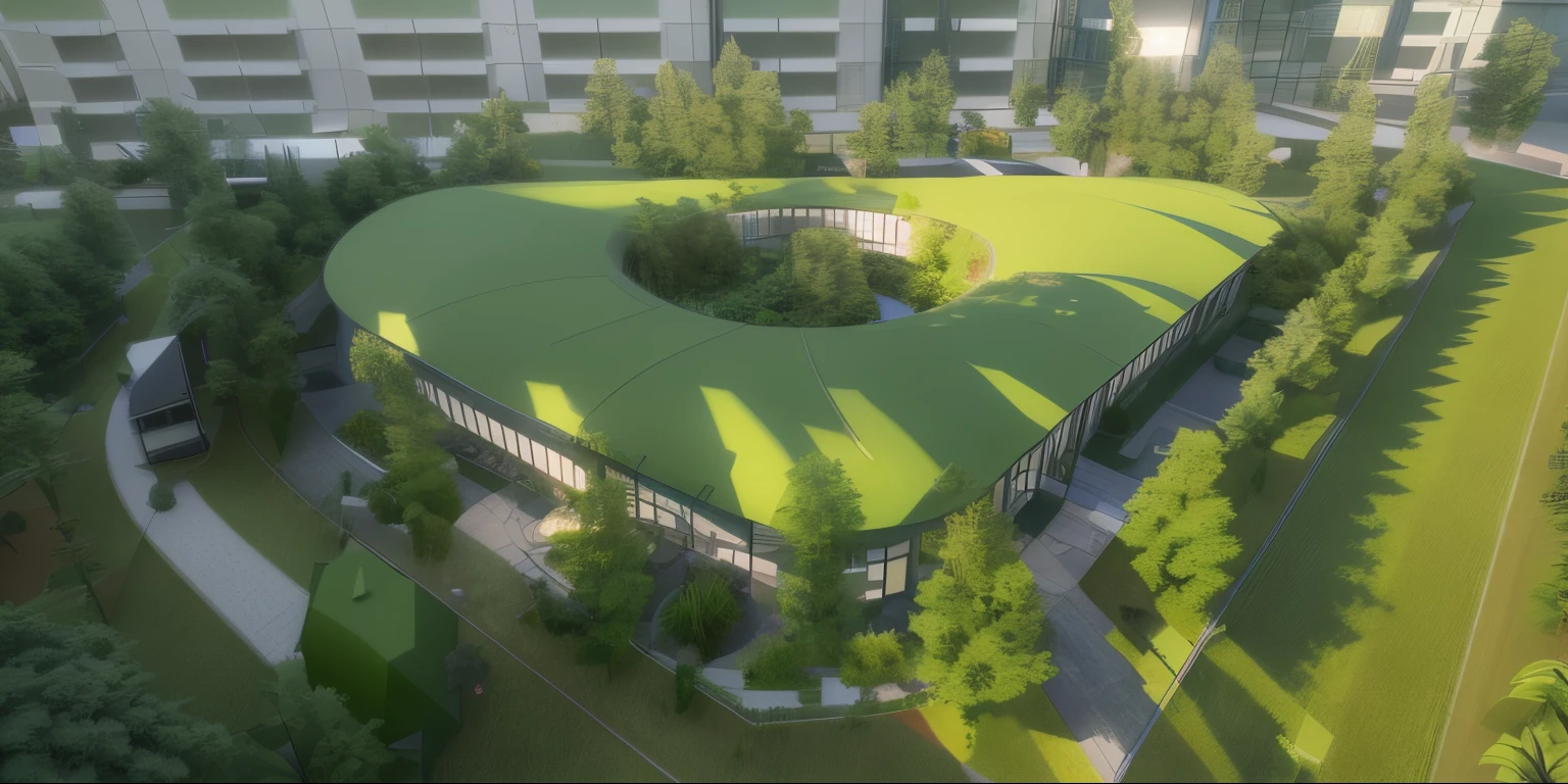 in the morning mood,rendering of a office with a green field and trees, green grass on the roof, glass doors, green inside yard artist's impression, concept piece, conceptual rendering, a digital rendering, artist impression, artistic render, conceptual, rendering, detailed picture, sharp hq rendering, digital rendering, pre-rendered, 3/4 view, 3 / 4 view, close establishing shot, rendered, highly rendered!!, detailed rendering