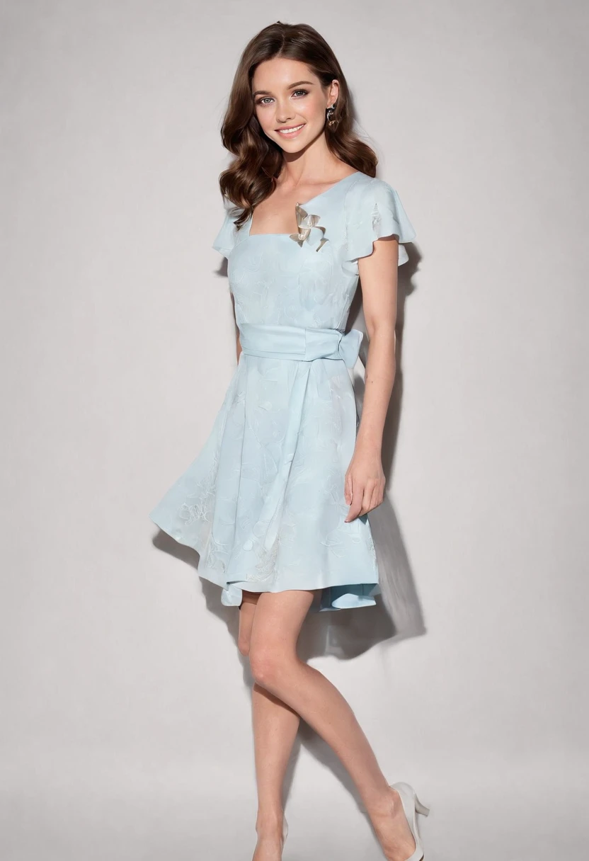 Photo of a 28-year old white Australian woman named Tammy, half bob brown hair, piercing hazel eyes, sharp dark brown eyebrows, small button nose, full lips, smile lines, rounded face, famine features, laugh lines visible, chubby cheeks, narrowed shoulders, slim body tone, no muscle definition, medium breasts, full body photo with cute dress & heels