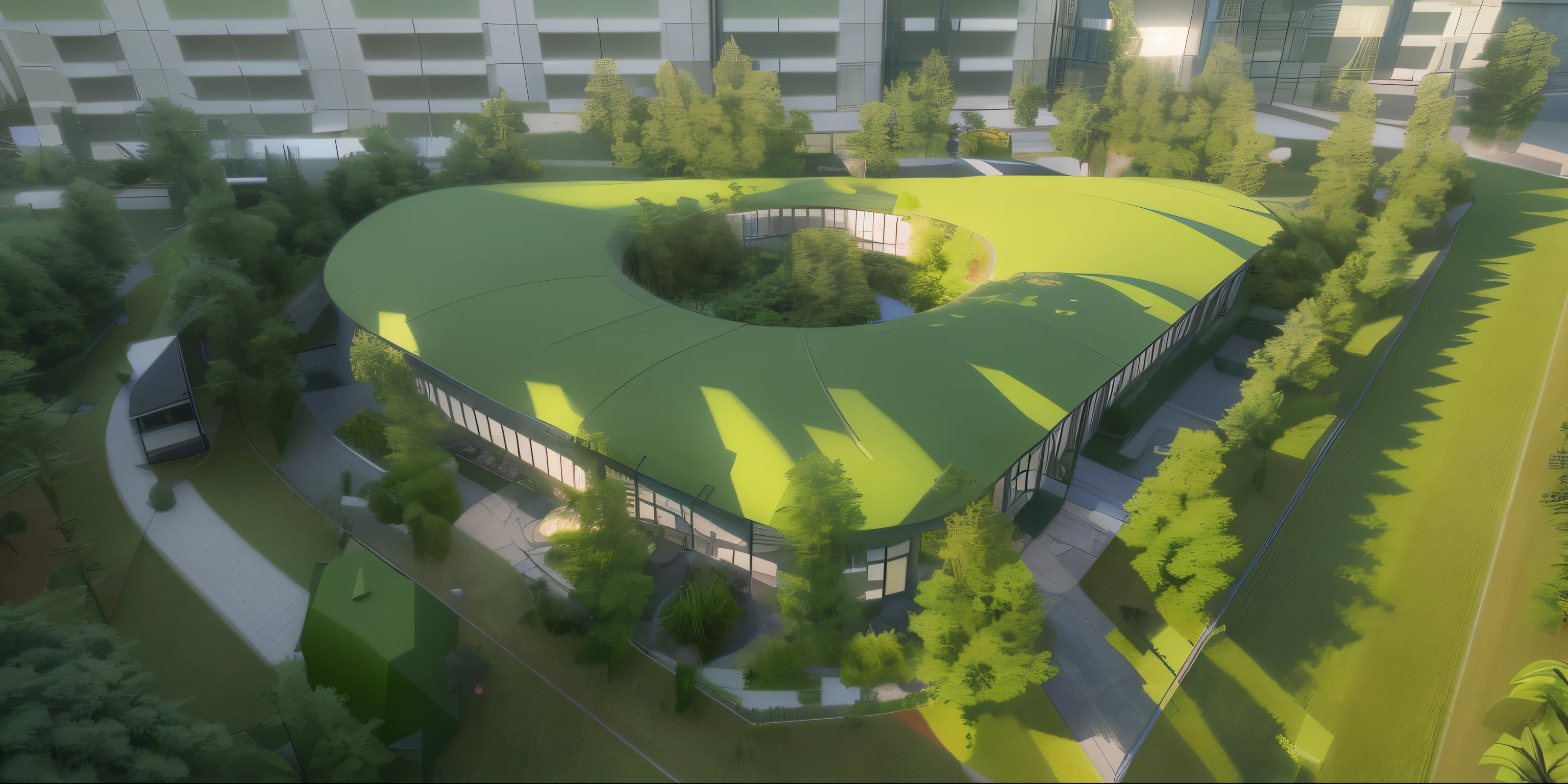 in the morning mood,rendering of a office with a green field and trees, green grass on the roof, glass doors, green inside yard artist's impression, concept piece, conceptual rendering, a digital rendering, artist impression, artistic render, conceptual, rendering, detailed picture, sharp hq rendering, digital rendering, pre-rendered, 3/4 view, 3 / 4 view, close establishing shot, rendered, highly rendered!!, detailed rendering