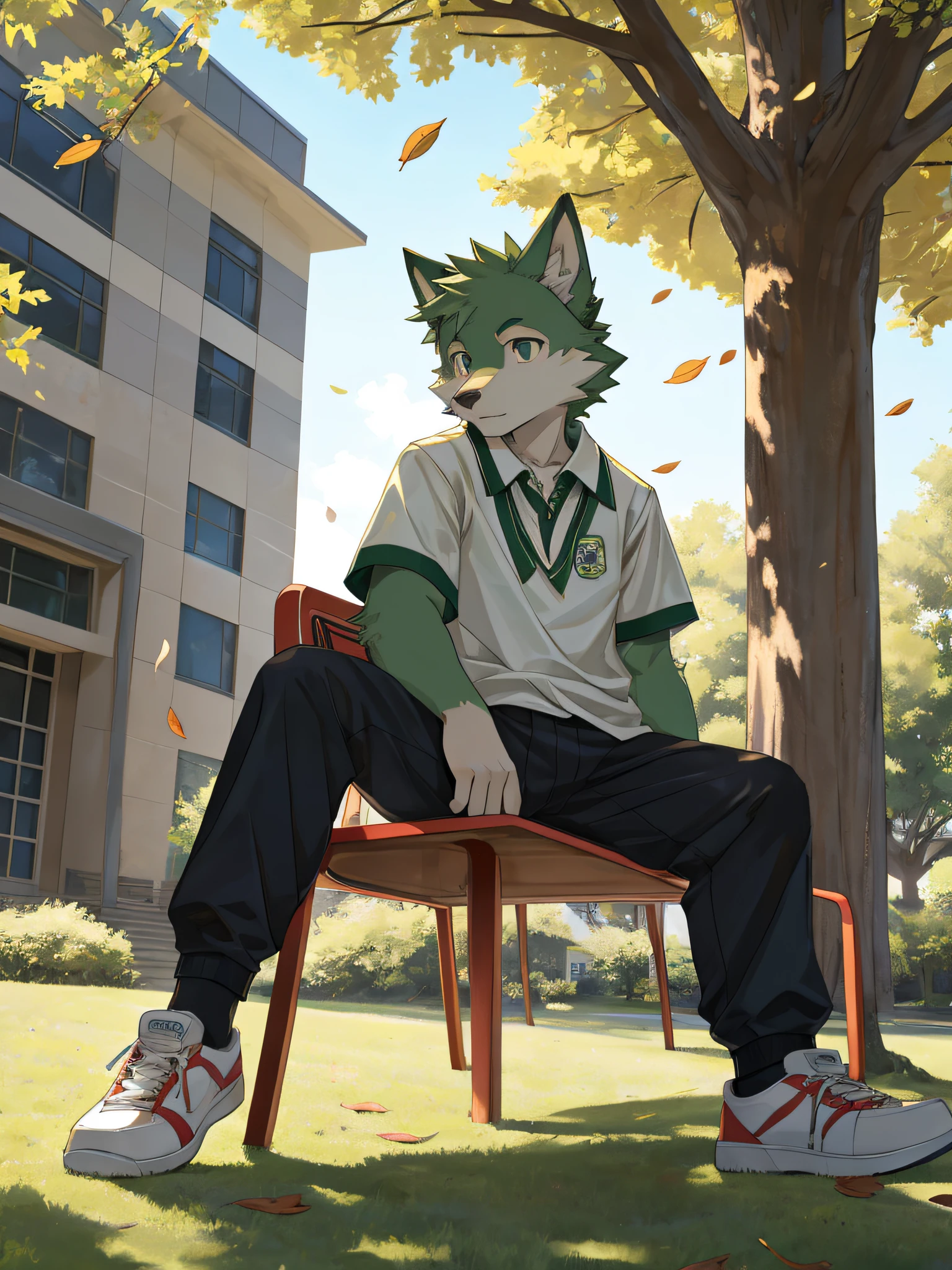 furry,bara,Shota,wolf,masculine,light green fur,Light Green,Wear a school shirt..,black pants,wear school shoes,Sitting on a long chair under a tree,There were a few leaves that didn&#39;t fly away..,Behind is a school building..,Age not more than 16 years,Facing straight forward,Look straight ahead.