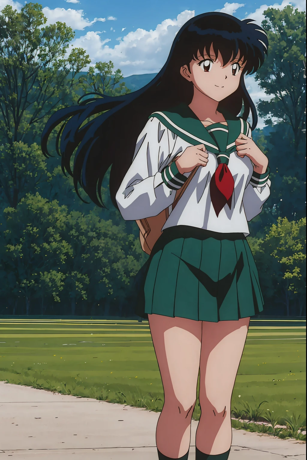 1girl, Best Quality, 巨作, HD, Kagome Higurashi, 1girl, school uniforms, Black hair between the eyes, long  hair, Standing, Full body, young girl, Full body , ((anime)), ((Colored)), chest, smile, thighs red scarf