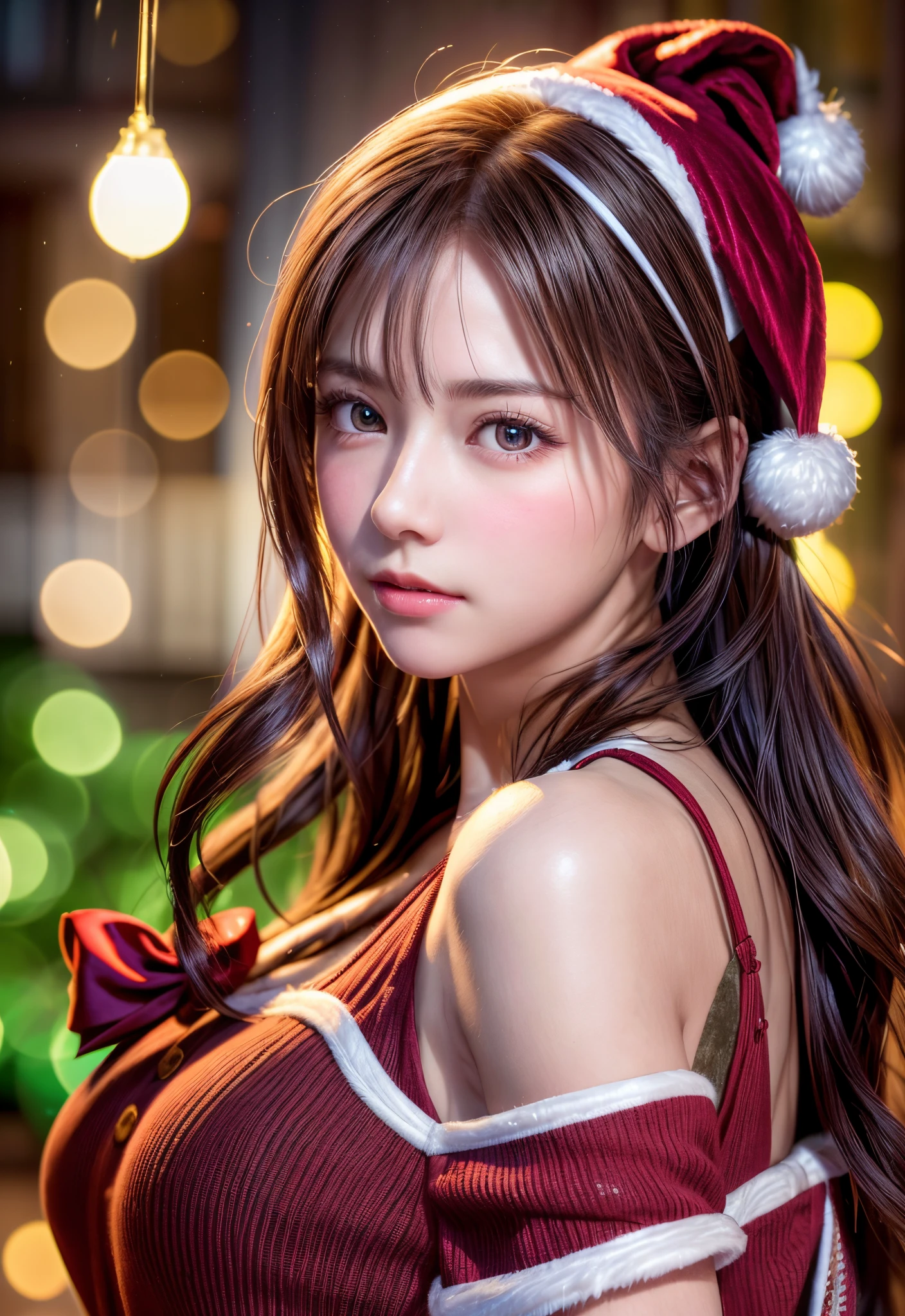 8K, of the highest quality, masutepiece:1.2), (Realistic, Photorealsitic:1.37), of the highest quality, masutepiece, Beautiful young woman, Pensive expression,、A charming、and an inviting look, cute santa clothes, Hair tied back, Cinematic background, Light skin tone