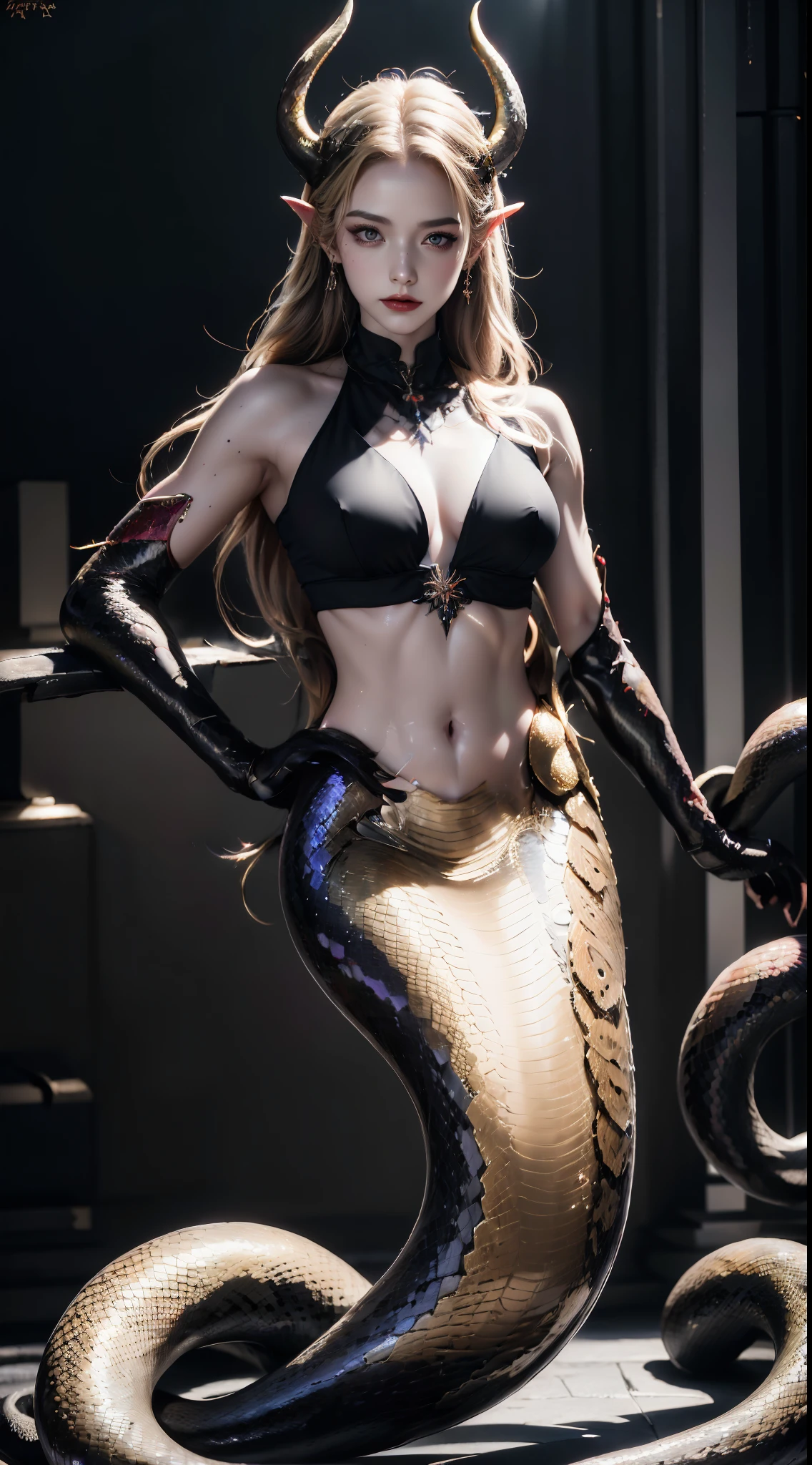 ((Best quality)), ((masterpiece)), (highly detailed:1.3), 3D, erotic smile, succubus, medusa, snakes, (long snake hair) godly clothes, tight body, depth of field, expressions, sexy, erotic, messy, overshadows, cowboy shot