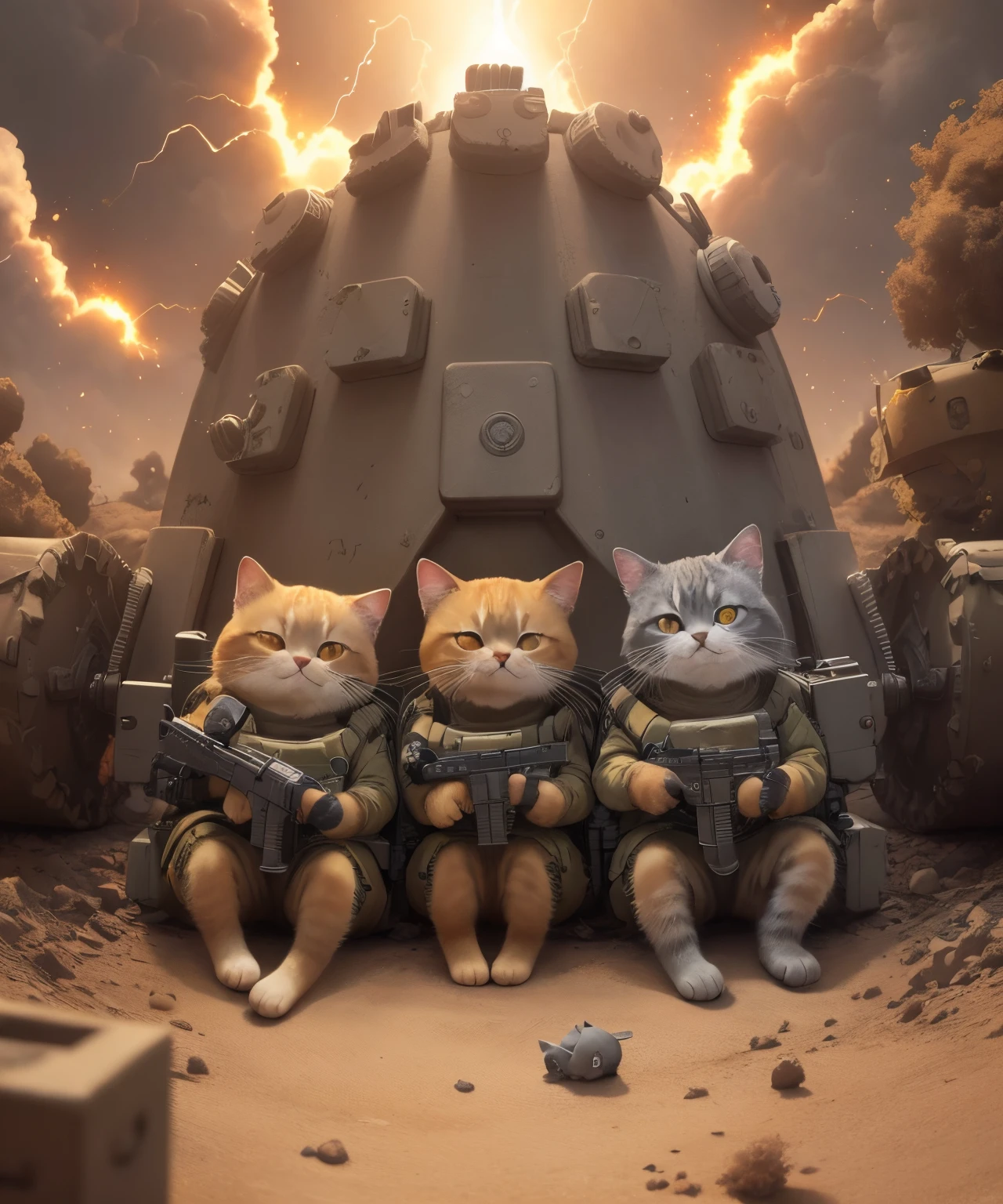 team of cute cat soldiers, in squad position. explosions and sparks in the environment.