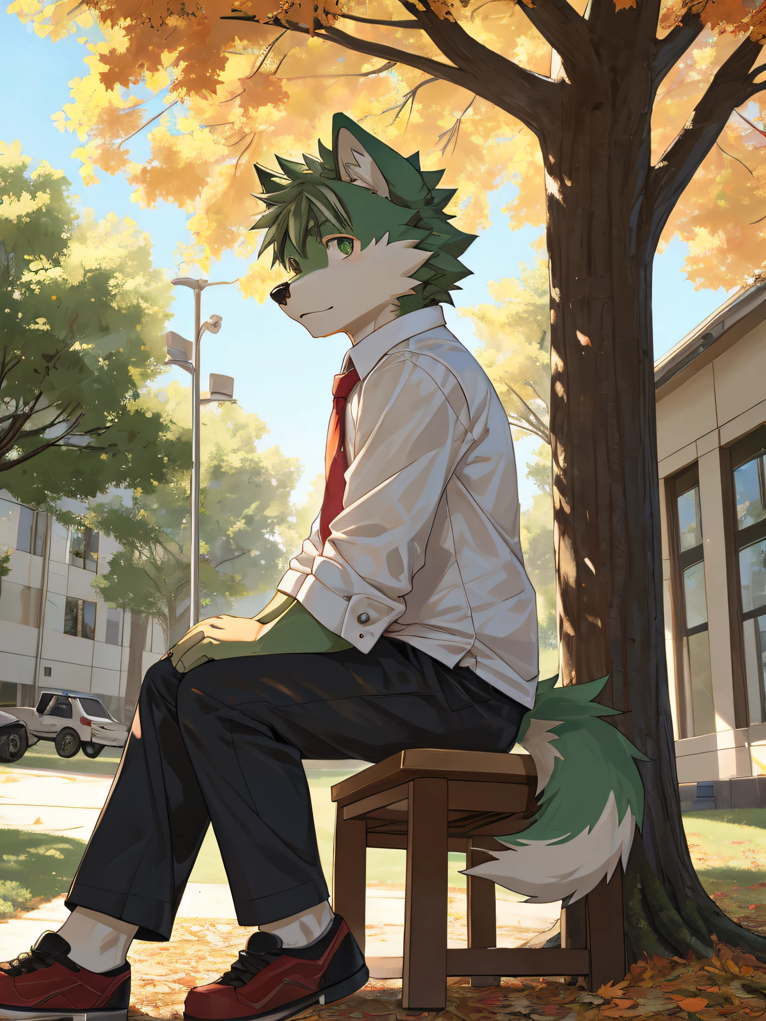 furry,bara,Shota,wolf,masculine,light green fur,Light Green,Wear a school shirt..,black pants,wear school shoes,Sitting on a long chair under a tree,There were a few leaves that didn't fly away..,Behind is a school building..,Age not more than years,