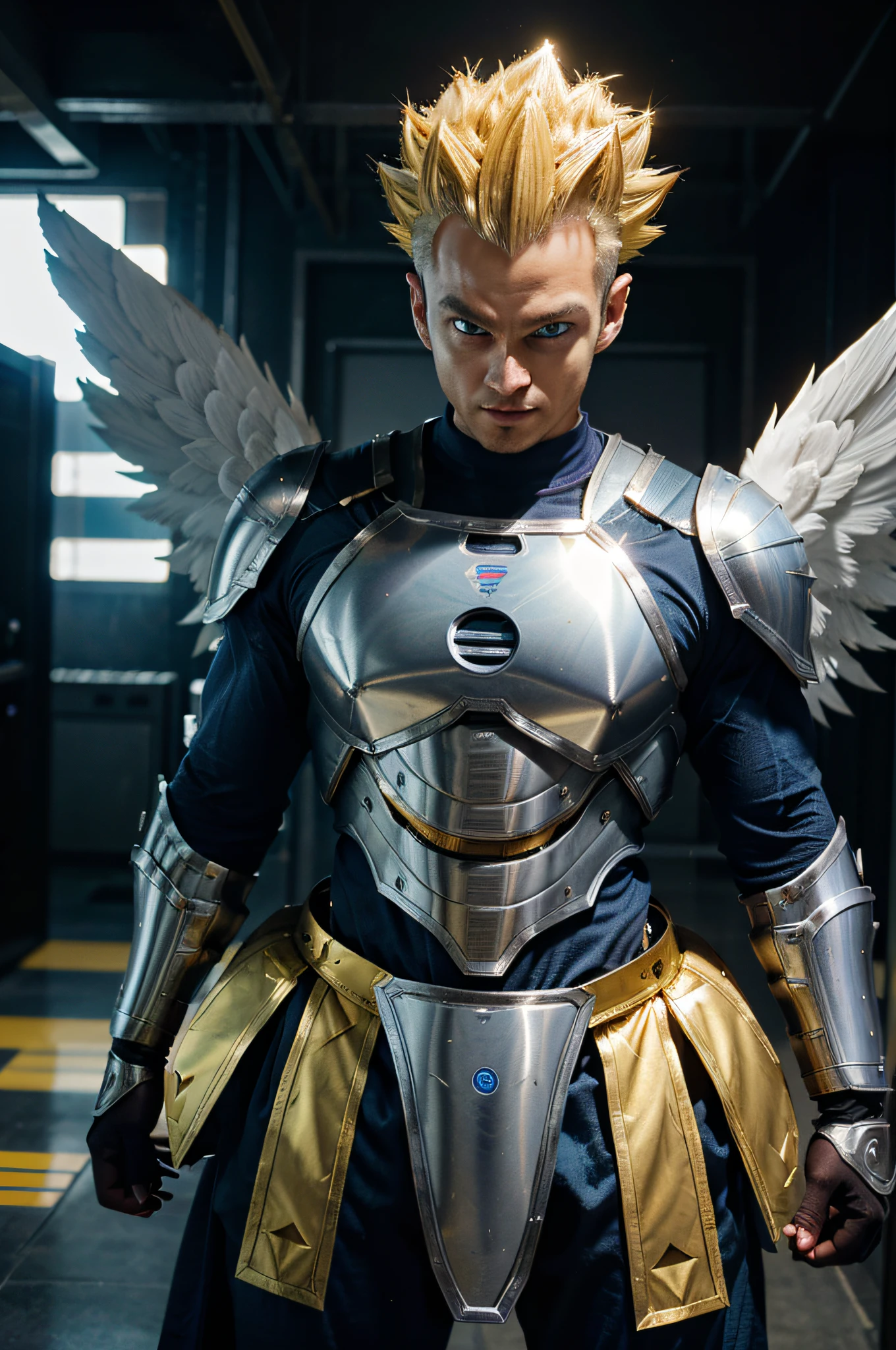 Futuristic technological male knight, angel wings, wide and huge wings, silver-blue metallic armor, vegeta, advanced complicated armor, yellow-gold metal hair, super saiyan, photo, cinematic, excited, looking straight at the camera, With a disdainful smile on his face, smooth sharp focus, volume lighting, Cinematic Lighting, vegeta, super saiyan, golden hair