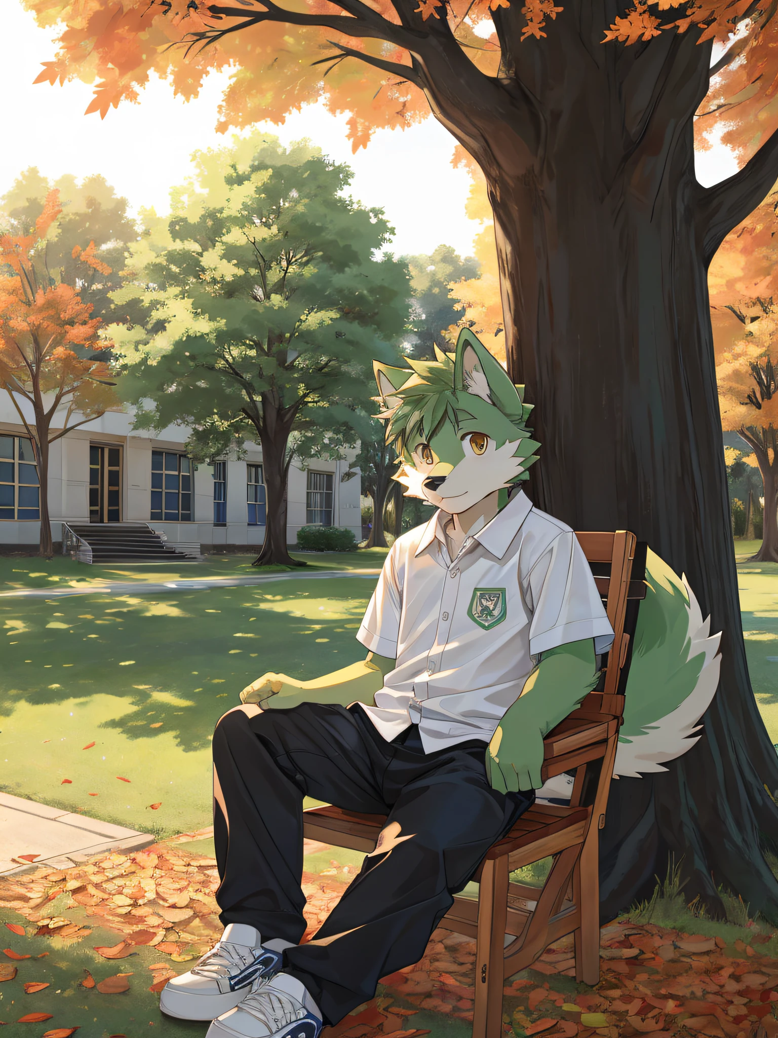 furry,bara,Shota,wolf,masculine,light green fur,Light Green,Wear a school shirt..,black pants,wear school shoes,Sitting on a long chair under a tree,There were a few leaves that didn&#39;t fly away..,Behind is a school building..,Age not more than 16 years,Look straight ahead.