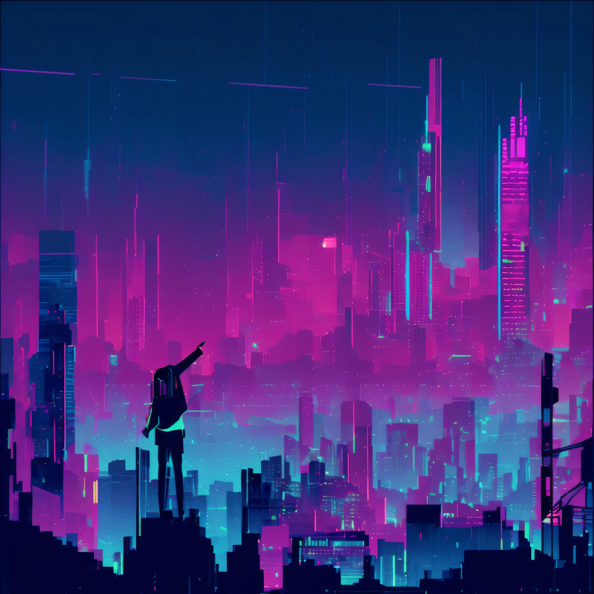 A man stands on a ledge in front of the city skyline, synthwave city, Neon city background, cyberpunk artstyle, Epic retro wave art, synthwave art, synthwave art style, cyberpunk illustration, cyberpunk artstyle, Epic retro wave art masterpiece, cyberpunk atmosphere, synthetic wave, Cyberpunk themed, cyberpunk pixel art, cyberpunk backgrouns