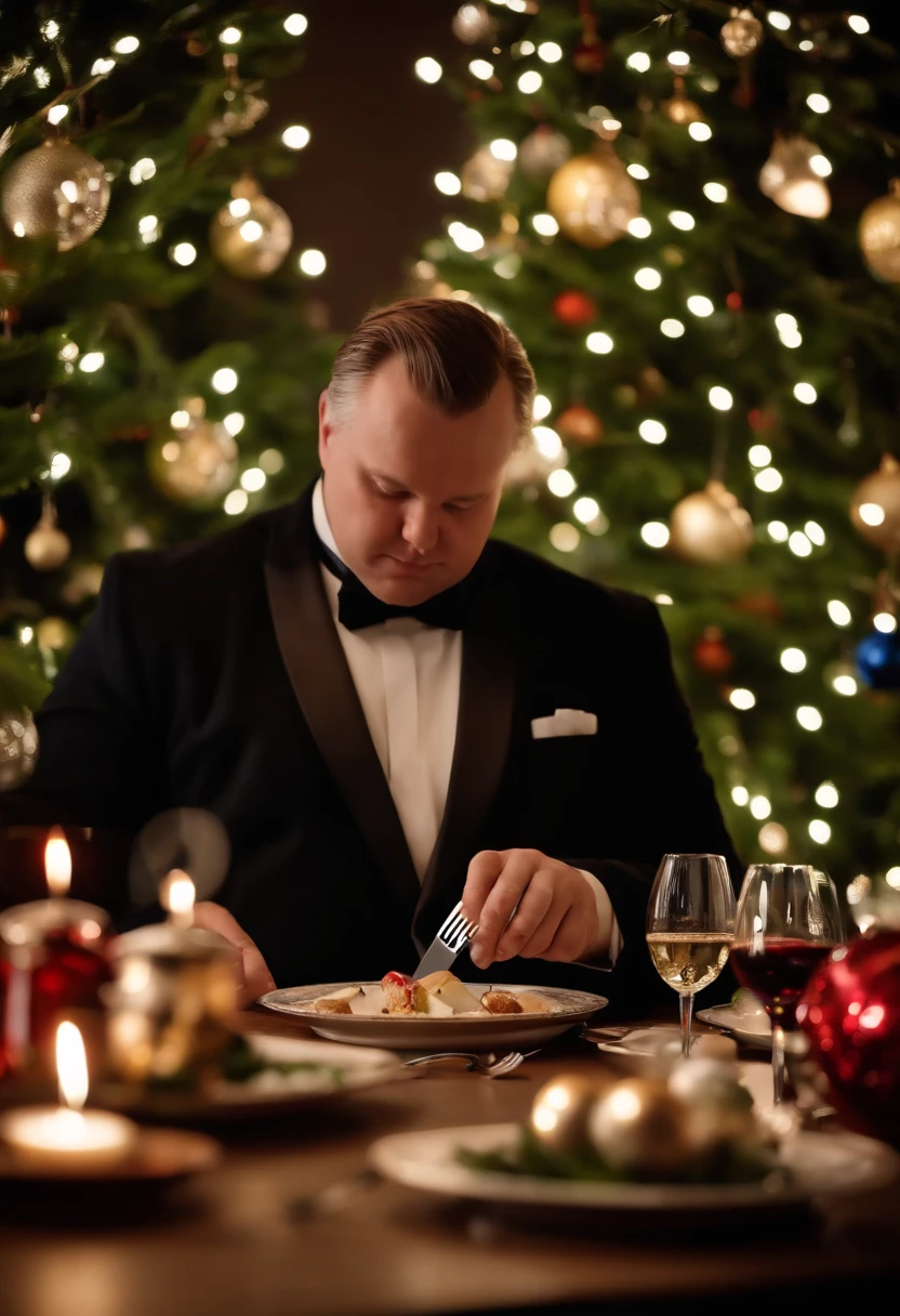 Finnish fat male gourmet wears formal wear and uses knife and fork to eat Christmas decoration dishes.。At a Finnish restaurant、A table lined with gorgeous Christmas ornaments、4K、8K、masutepiece、